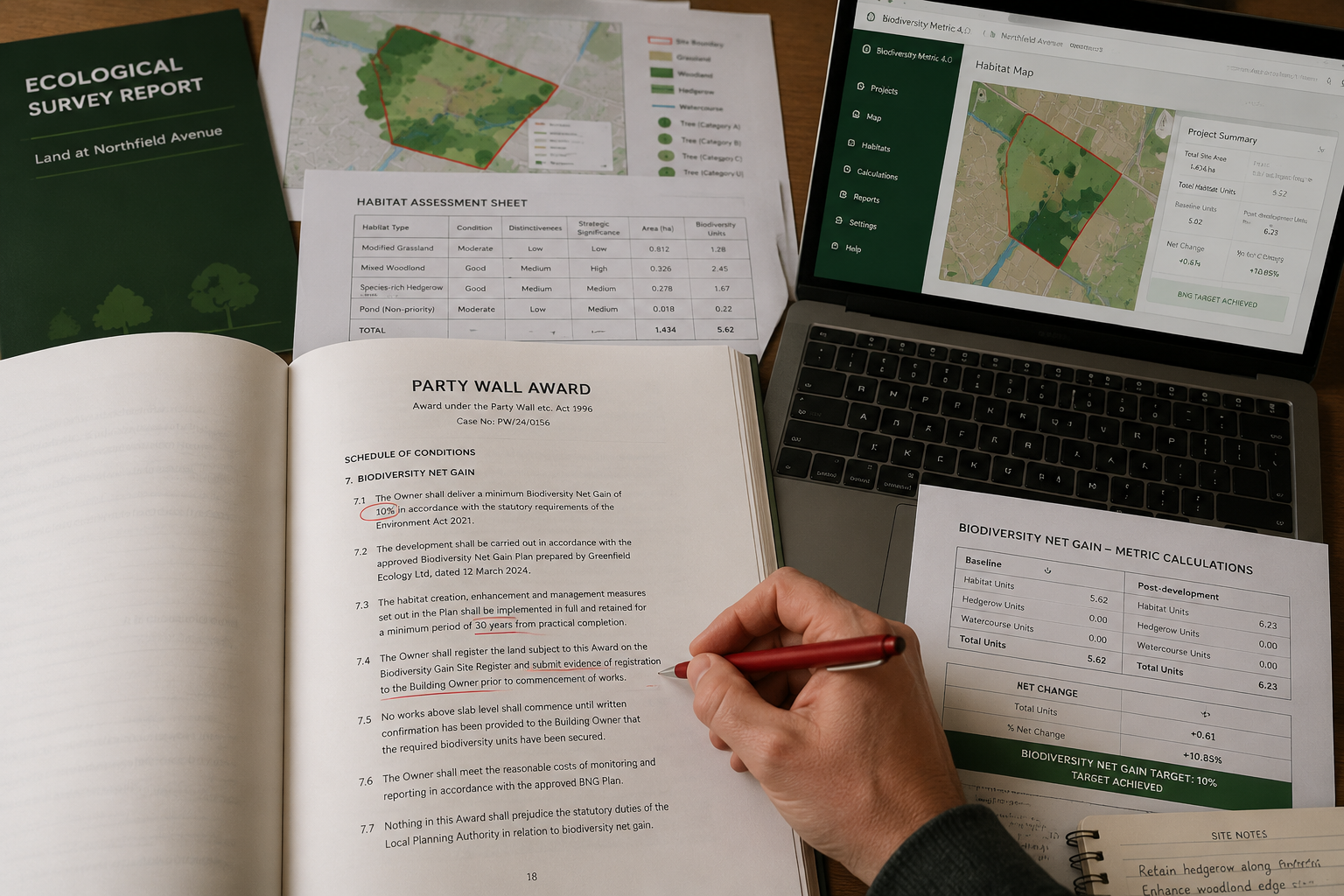 Detailed () close-up overhead aerial view of a party wall award document spread open on a wooden desk, with ecological