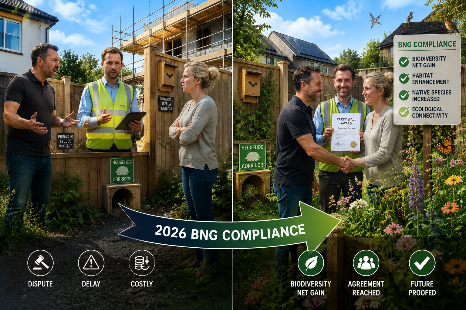 Detailed () split-panel concept image: left panel shows a construction dispute scene with two property owners and a surveyor