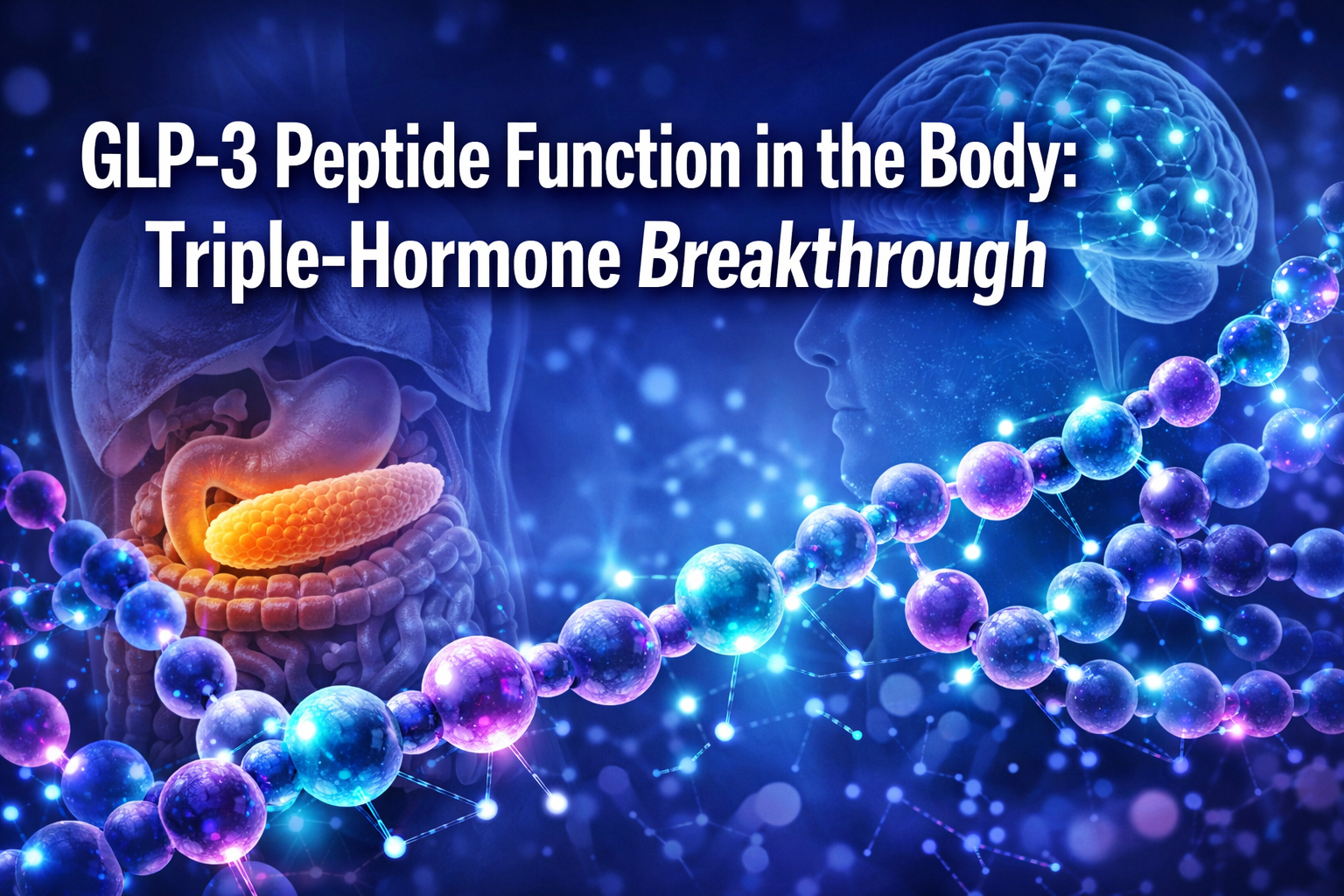 Professional landscape format (1536x1024) hero image featuring bold text overlay 'GLP-3 Peptide Function in the Body: Triple-Hormone Breakth