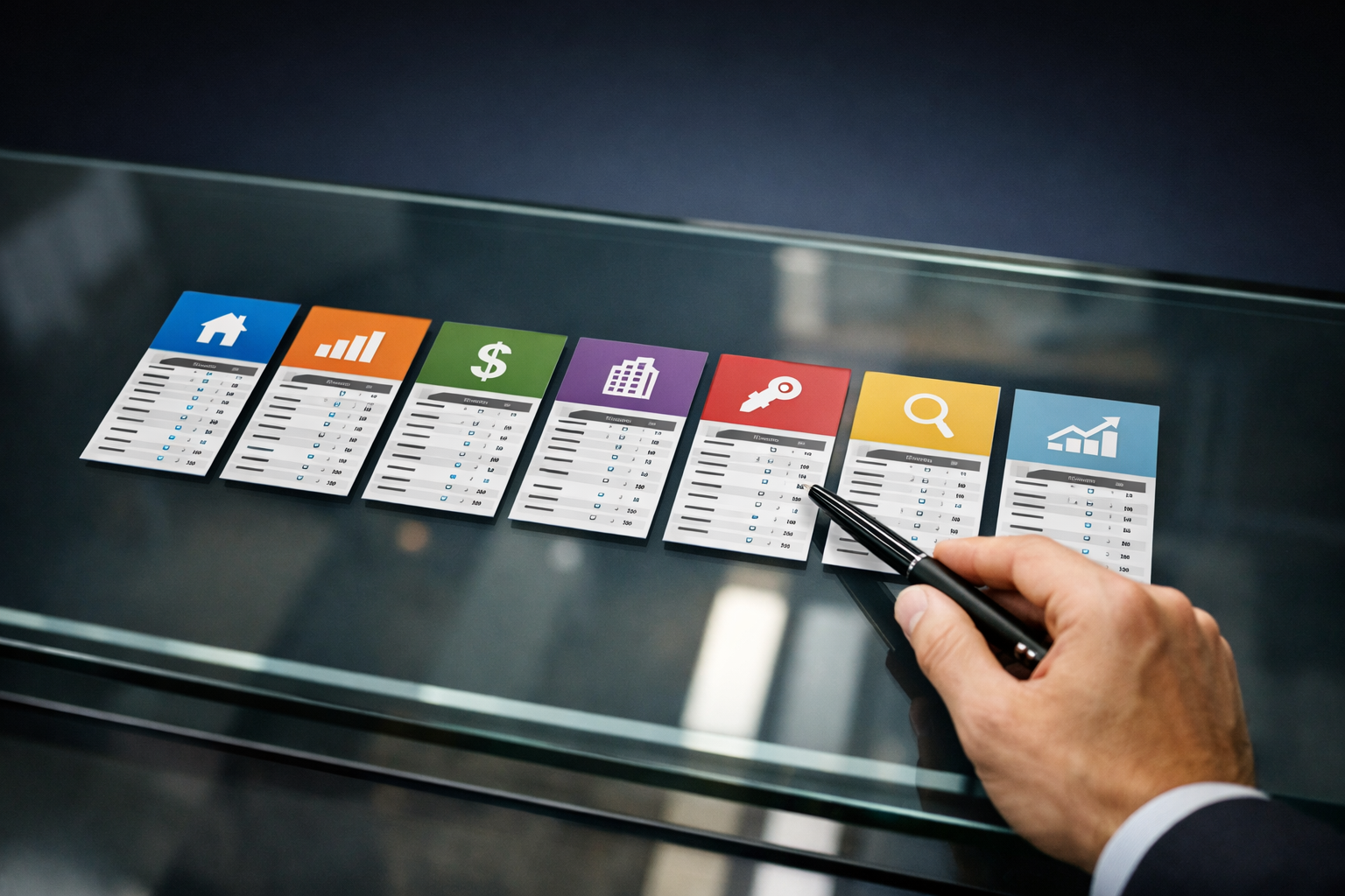 Wide-angle shot of a modern financial comparison table displayed on a glass conference table surface, seven distinct