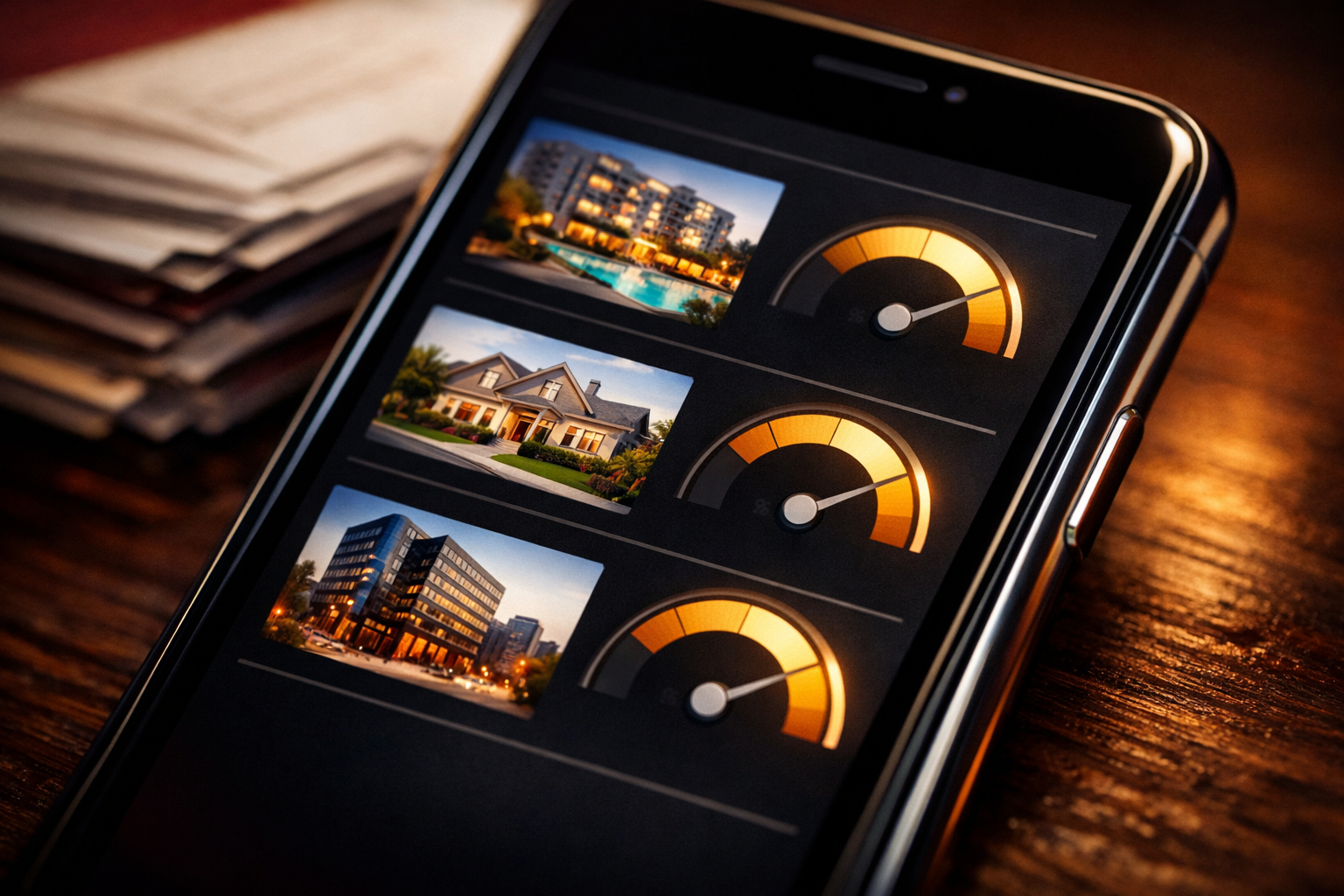 Close-up macro shot of a smartphone screen showing a real estate crowdfunding app interface with property thumbnails and