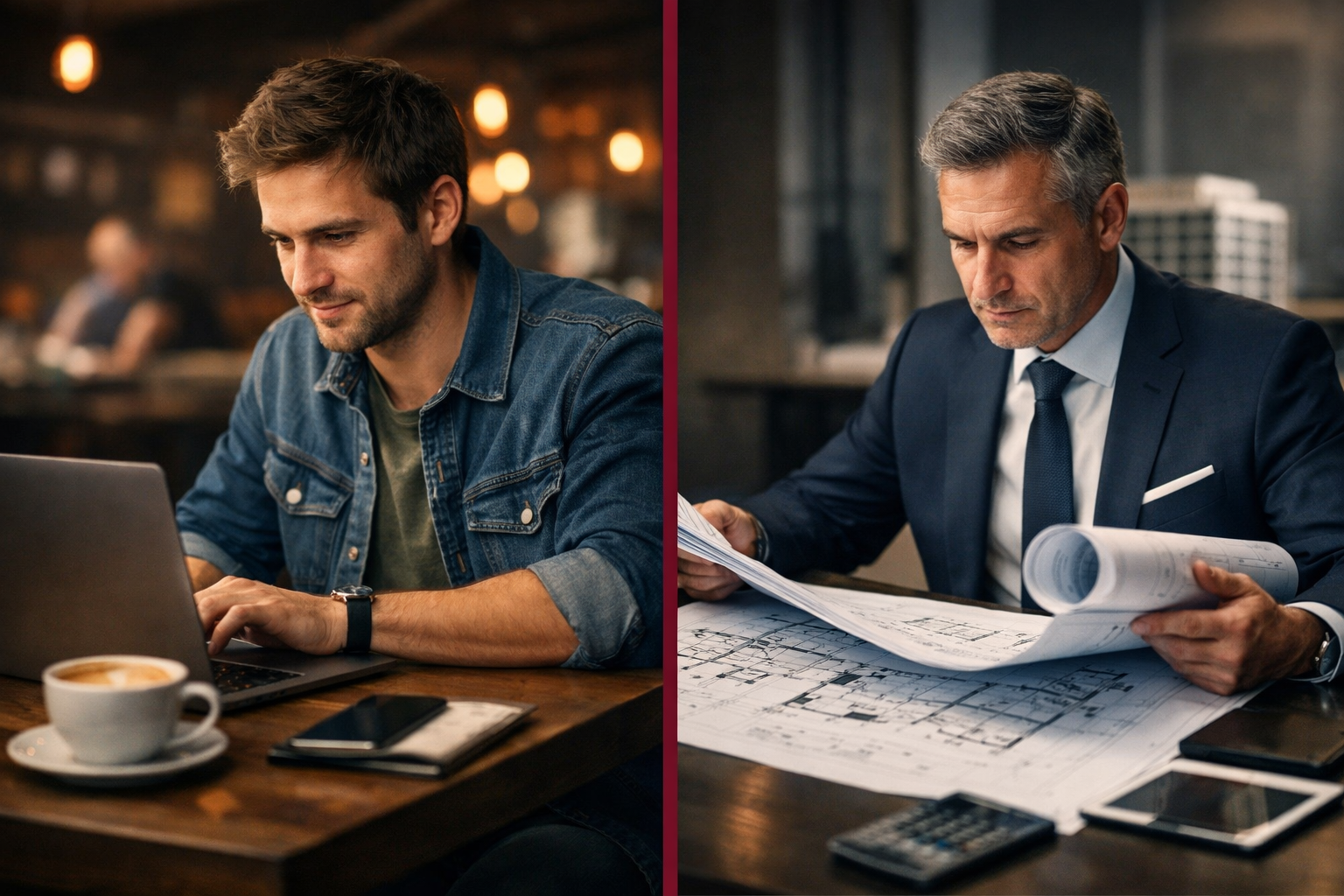 Split-scene composition showing two distinct investor profiles side by side separated by a vertical burgundy dividing line,