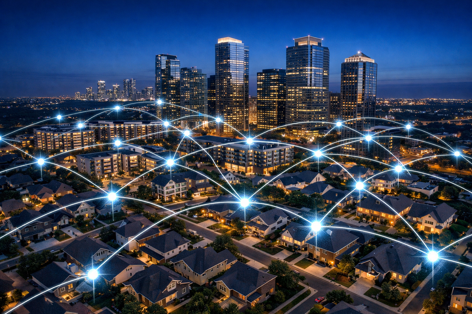 Aerial drone perspective of a diverse mixed-use real estate portfolio including apartment buildings, commercial office
