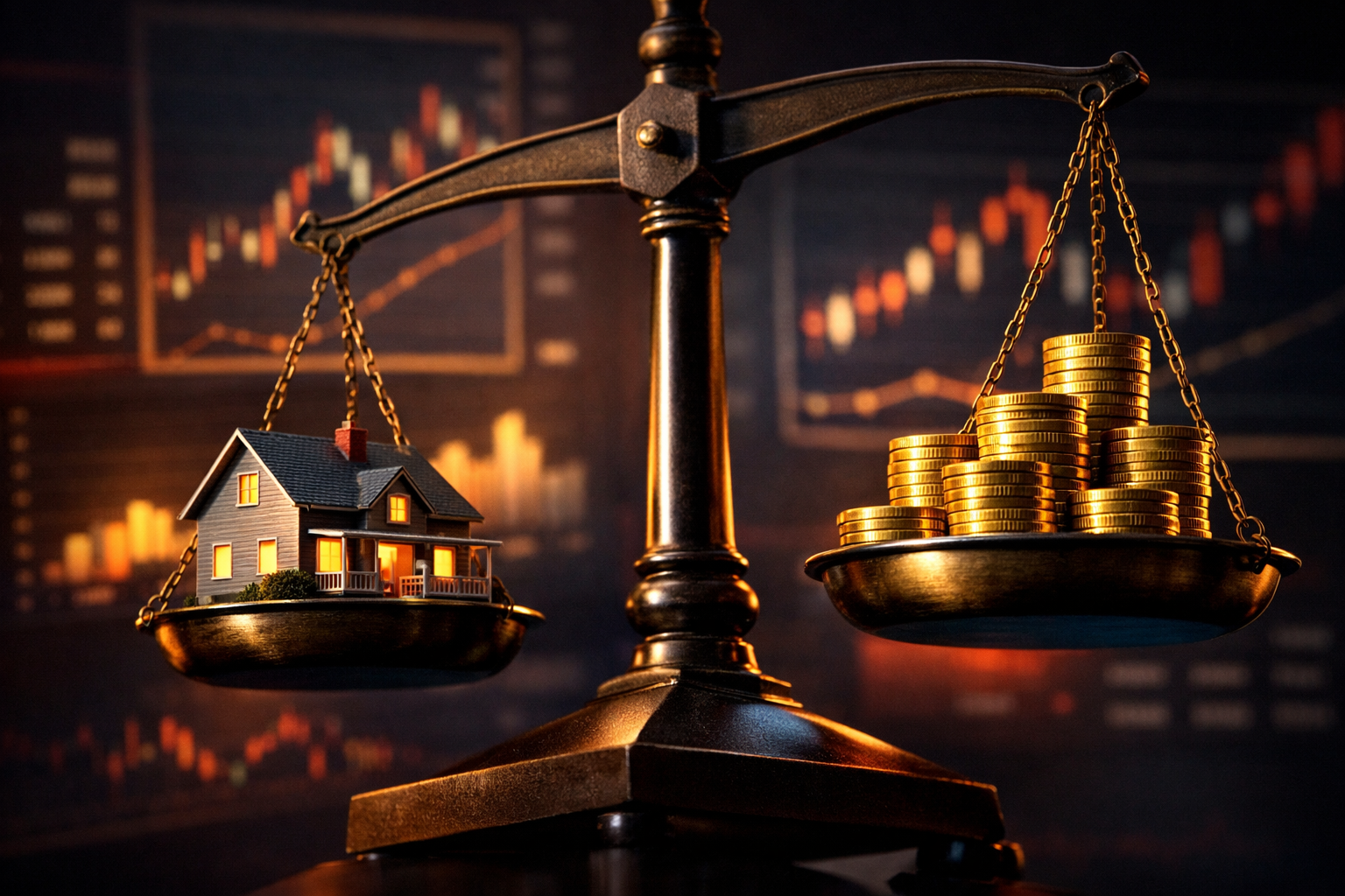 Dramatic low-angle shot of a scale balancing a miniature house model on one side and stacked gold coins on the other, set