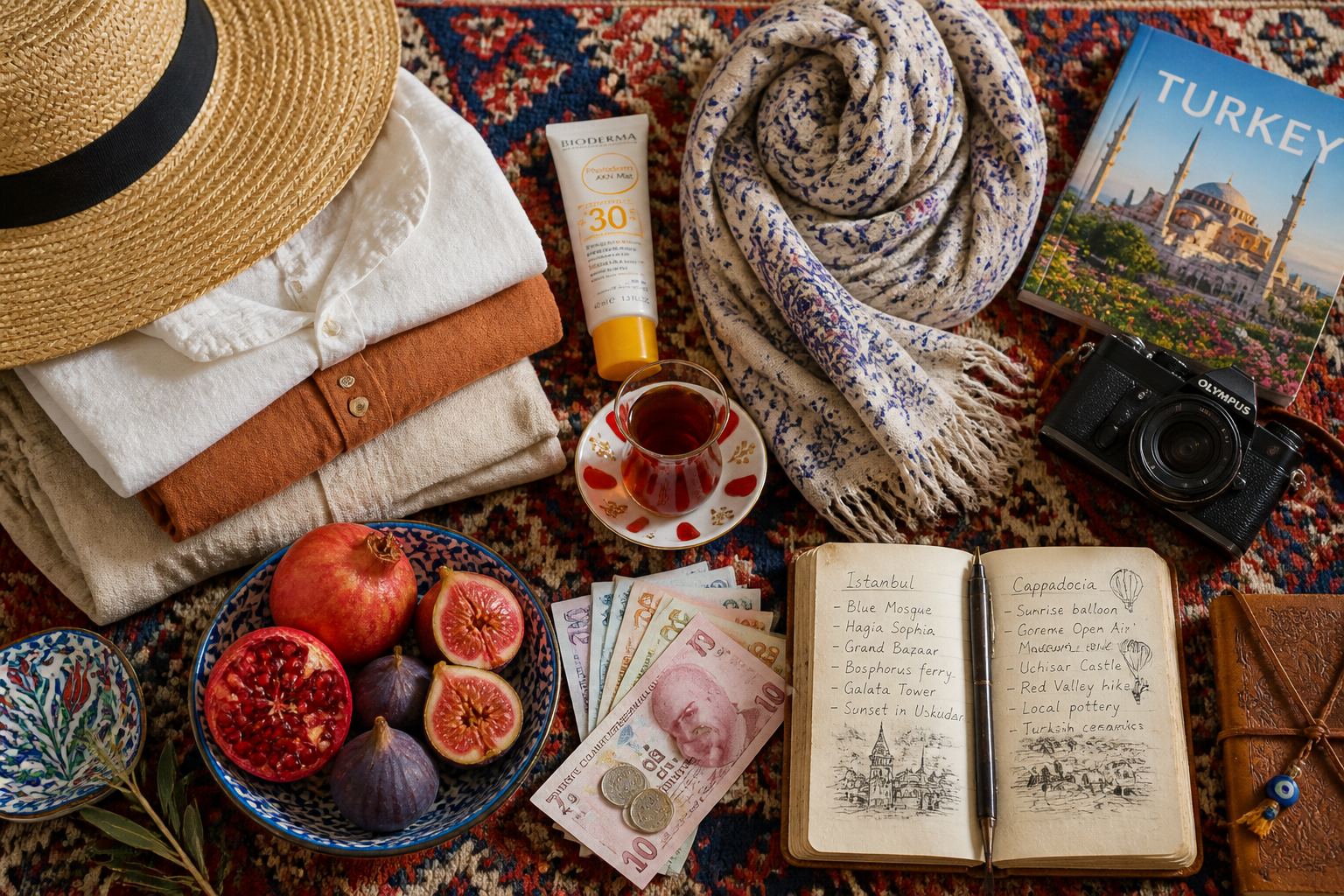 () vibrant overhead flat-lay photograph of summer travel packing essentials for Turkey arranged on a woven Turkish kilim