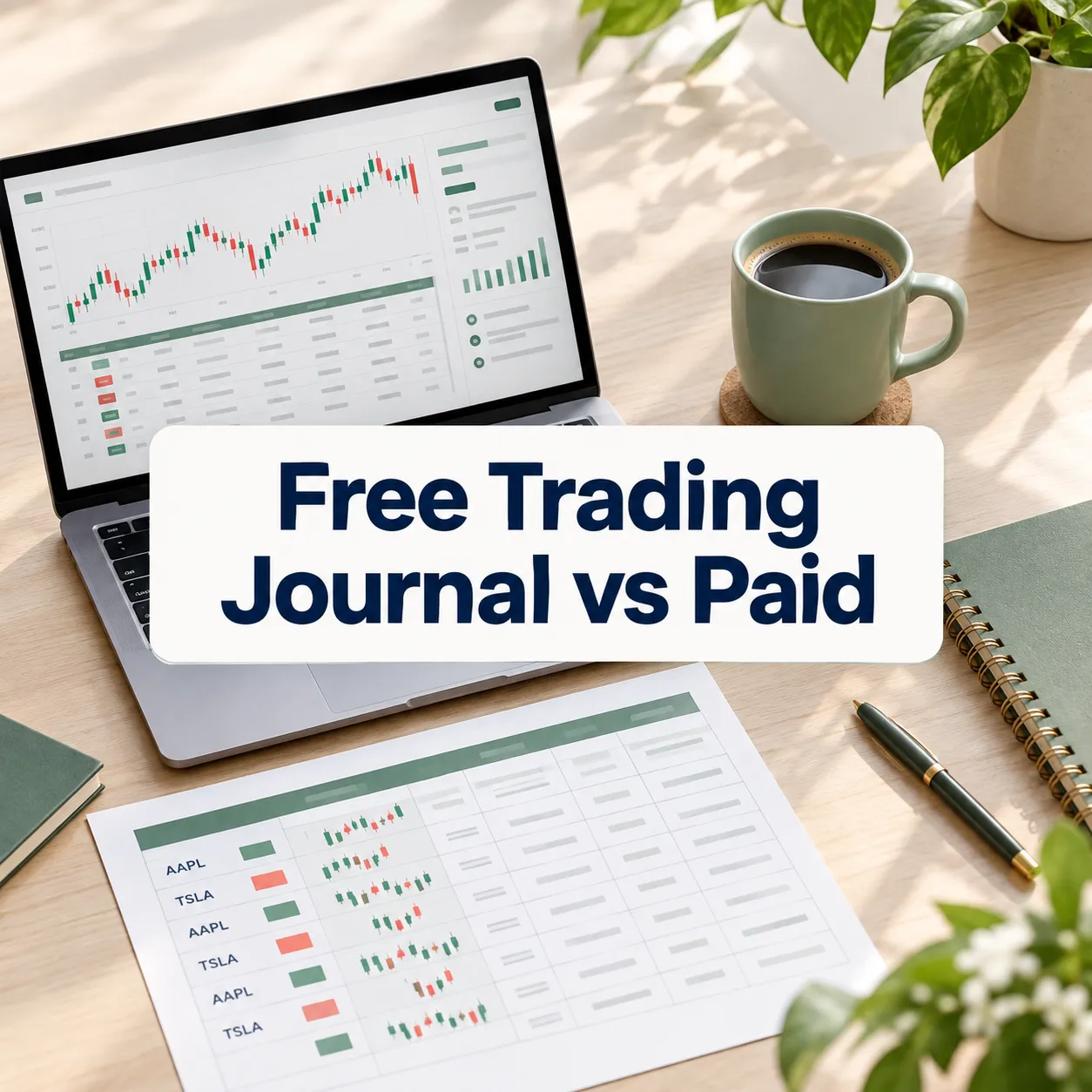 Free trading journal vs paid cover image with a laptop spreadsheet and a printed trade log