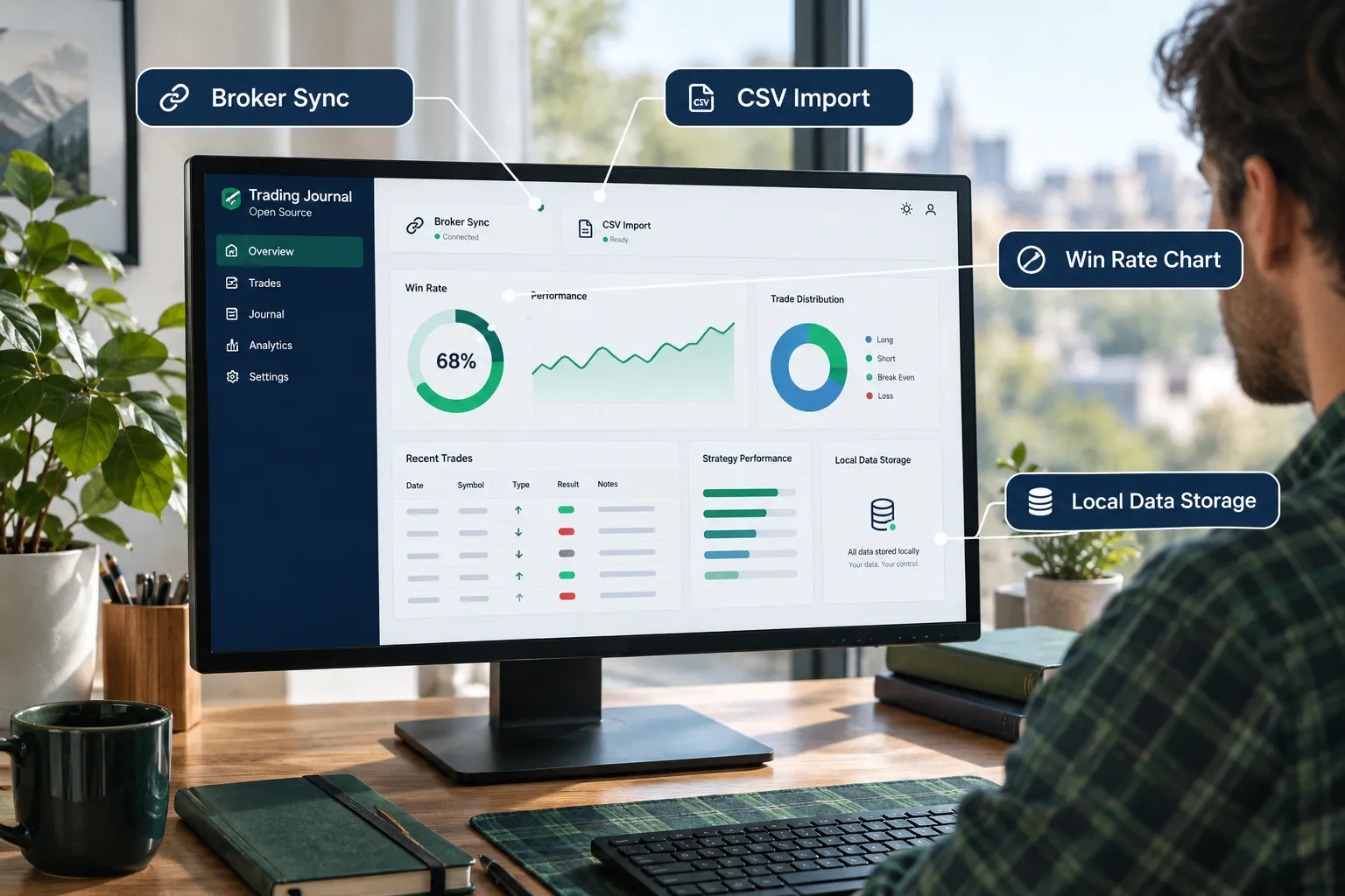 Free trading journal dashboard with broker sync, CSV import, win rate chart and local data storage called out