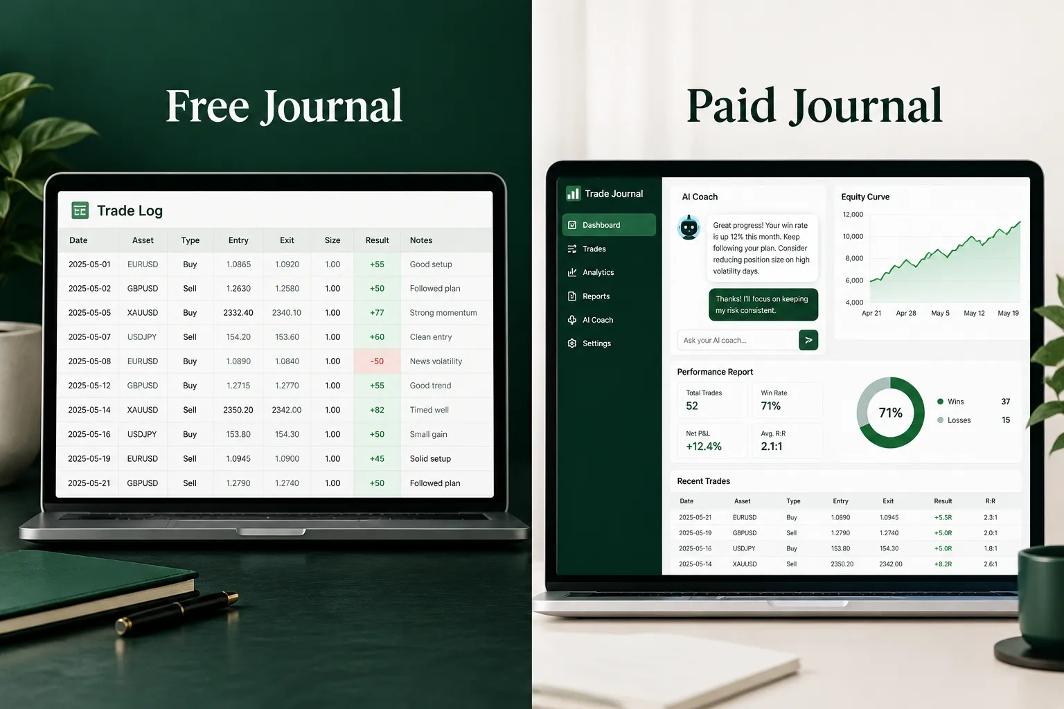 Free journal trade log next to a paid journal with an AI coach and equity curve