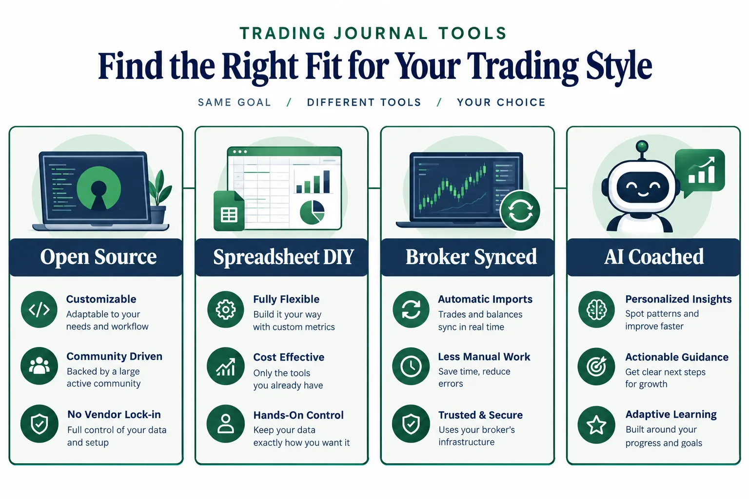Trading journal types: open source, spreadsheet DIY, broker synced and AI coached
