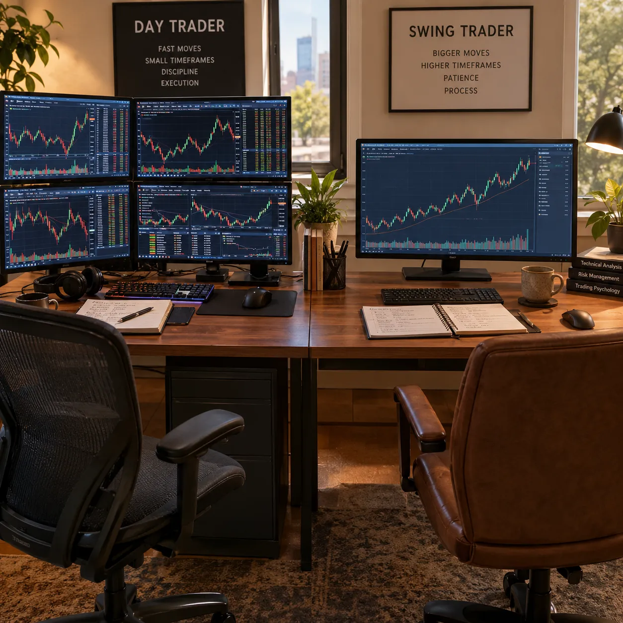 Day trader desk with four chart screens next to a swing trader desk with one