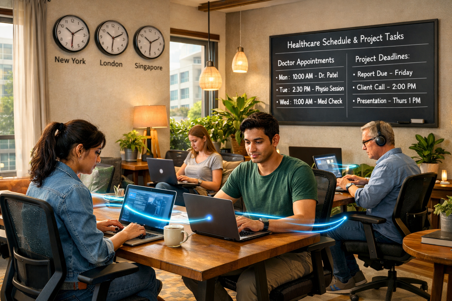 Detailed () image illustrating a vibrant, high-tech coworking space within a stylish Airbnb near a major hospital, focusing
