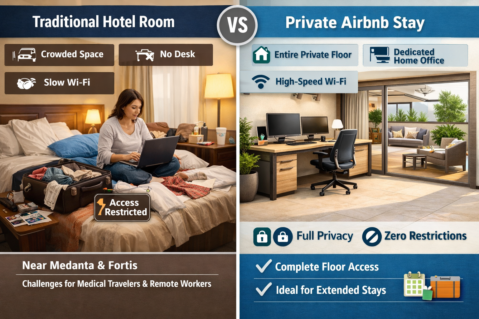 Detailed () image presenting a side-by-side comparison infographic. On one side, a cluttered traditional hotel room is