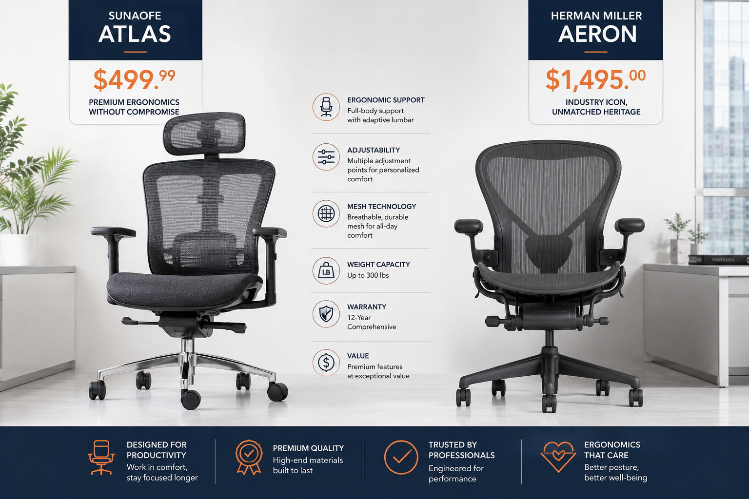 Detailed landscape format (1536x1024) comparison scene showing two premium ergonomic office chairs side by side in a bright modern office environment, one representing the Sunaofe Atlas at $499.99 price point and one representing a higher-priced competitor like Herman Miller Aeron, with floating price tags and feature comparison callouts. Professional product photography style, cool neutral lighting, clean white studio background, navy and orange accent colors for labels, editorial quality, balanced composition with equal visual weight on both chairs. Best Ergonomic Office Chairs for Remote Workers in 2026