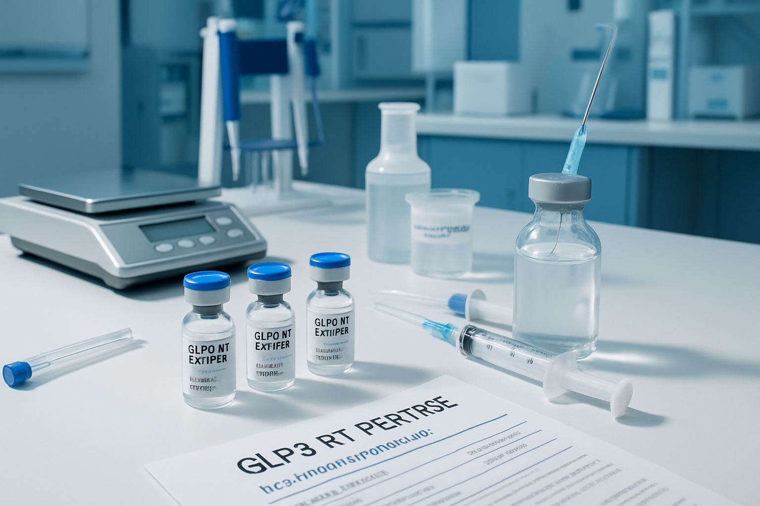 Research laboratory scene featuring GLP3 RT peptide vials on sterile white surface, precision scales, reconstitution equipment, sterile syri