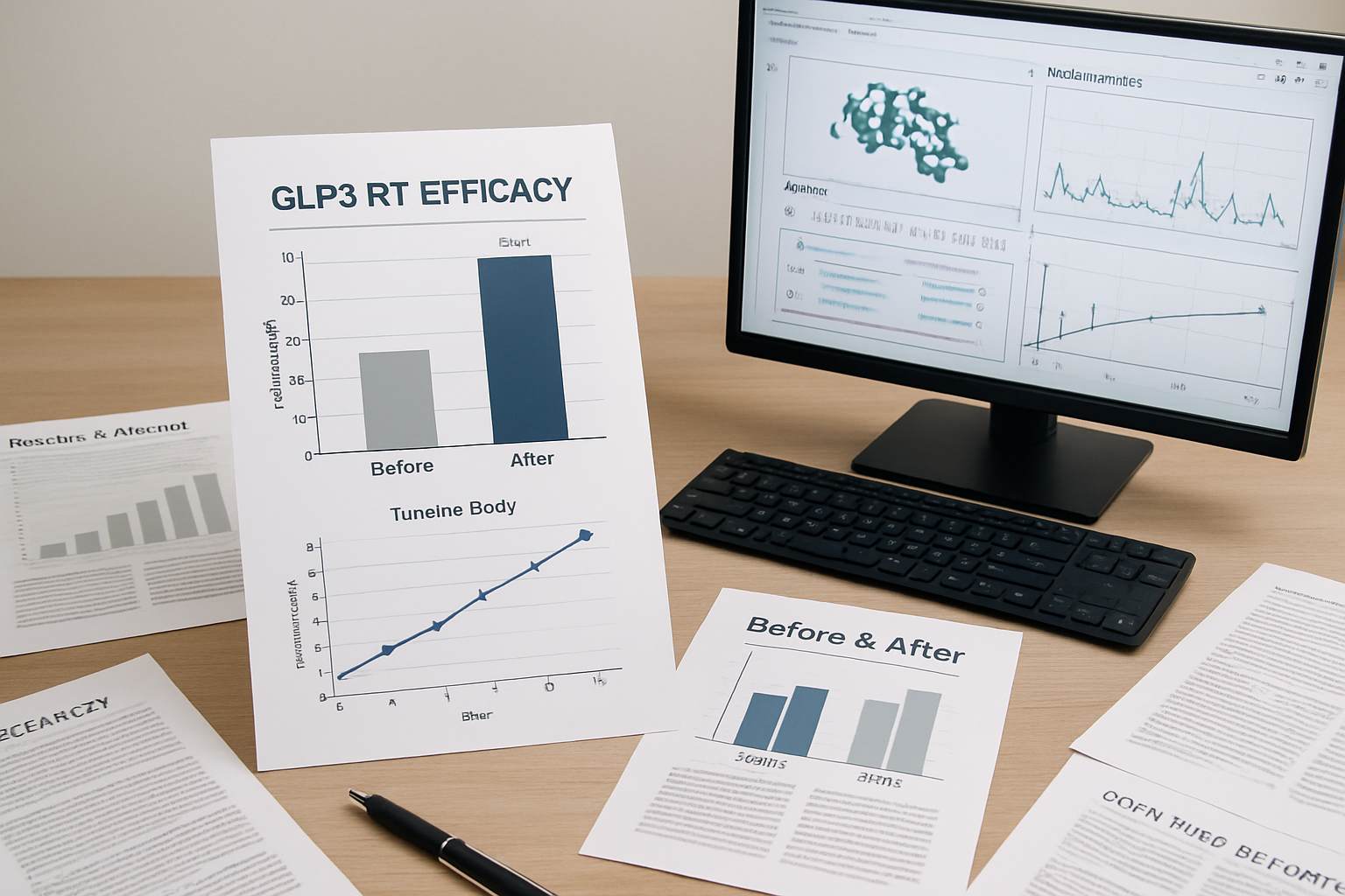 Comparative research data visualization showing GLP3 RT efficacy charts, bar graphs with percentage improvements, timeline studies, before/a