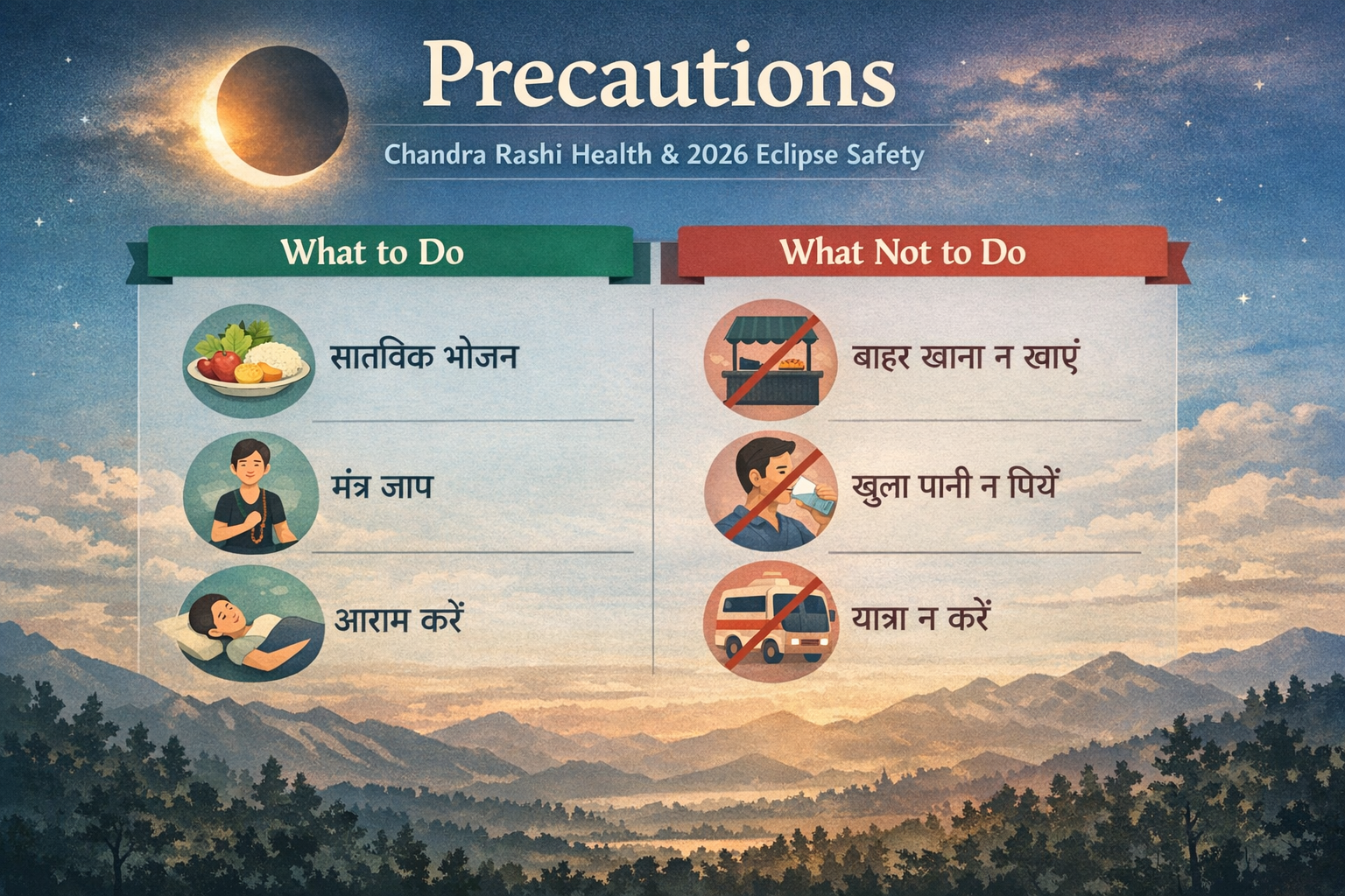 Do not write in Hindi on the images. Must write in English only. Don't use Hindi. लैंडस्केप फॉर्मेट (1536x1024) इन्फोग्राफिक जो ग्रहण के दौर