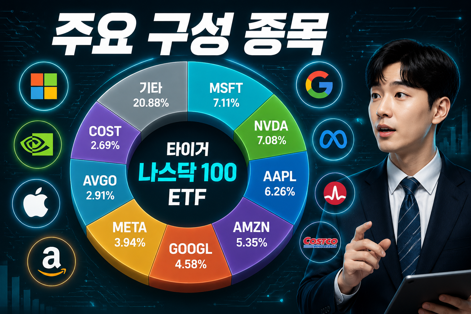 () showing top holdings composition pie chart for 타이거 나스닥 100 ETF: Korean-labeled segments showing 'MSFT 7.11%', 'NVDA