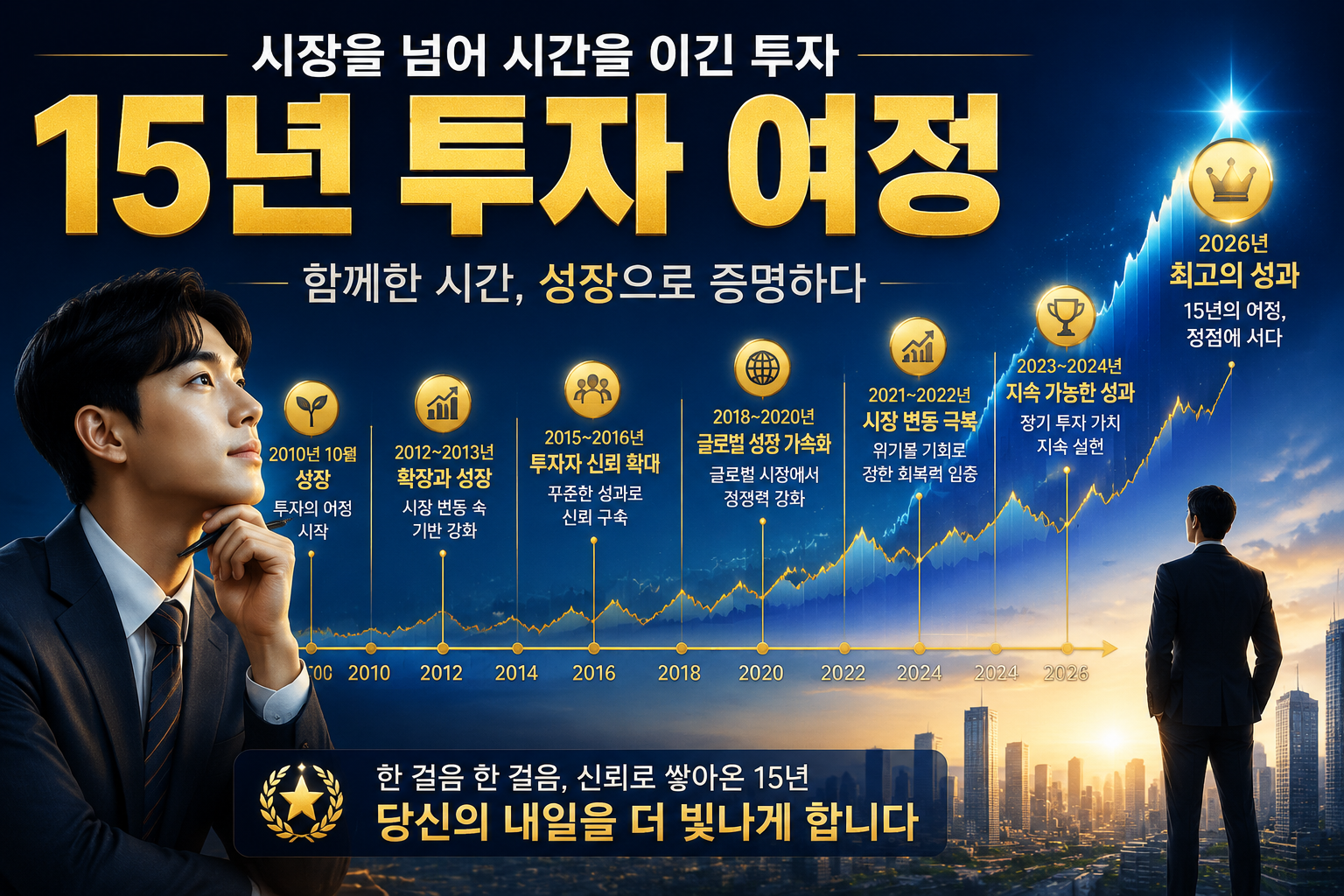 () depicting a Korean investor's long-term investment journey timeline: horizontal timeline from 2010 to 2026 with Korean