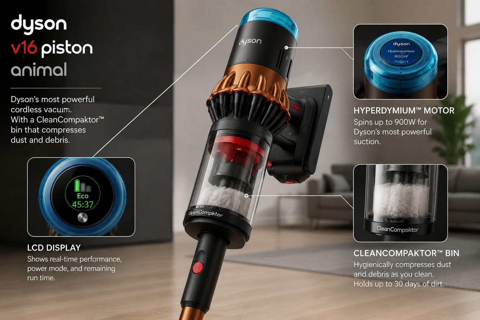 detailed showcase of Dyson V16 Piston Animal Cordless Vacuum highlighting its main LCD display interface, CleanCompaktor bin, and Hyperdymium motor housing with product branding visible Introduction: Why the V16 Piston Animal Submarine Stands Apart