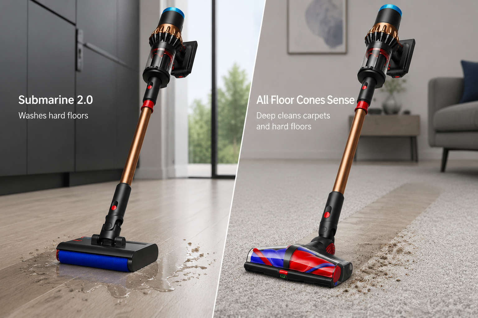 detailed showcase of Dyson V16 Piston Animal Cordless Vacuum highlighting the Submarine 2.0 cleaner head washing a hard floor and the All Floor Cones Sense head on carpet, showing both attachments in action Hands-On Experience: Performance Across Real-World Scenarios