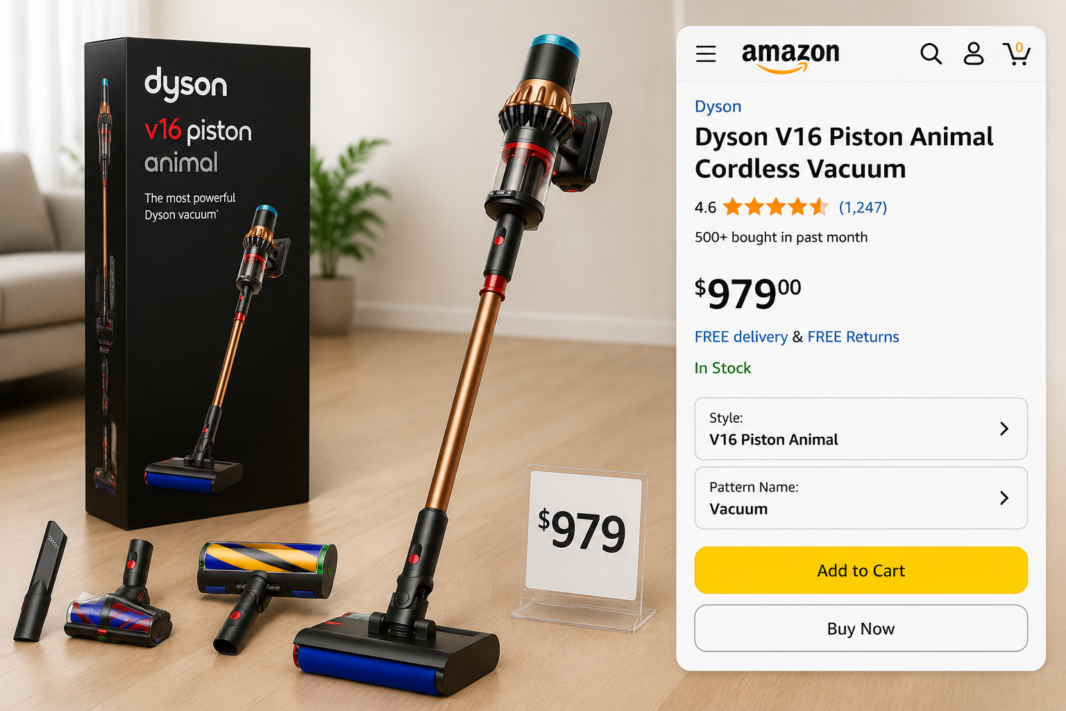 detailed showcase of Dyson V16 Piston Animal Cordless Vacuum highlighting the product packaging, price tag of $979, and Amazon listing with star rating display Who Should Skip the Dyson V16 Piston Animal Submarine?
