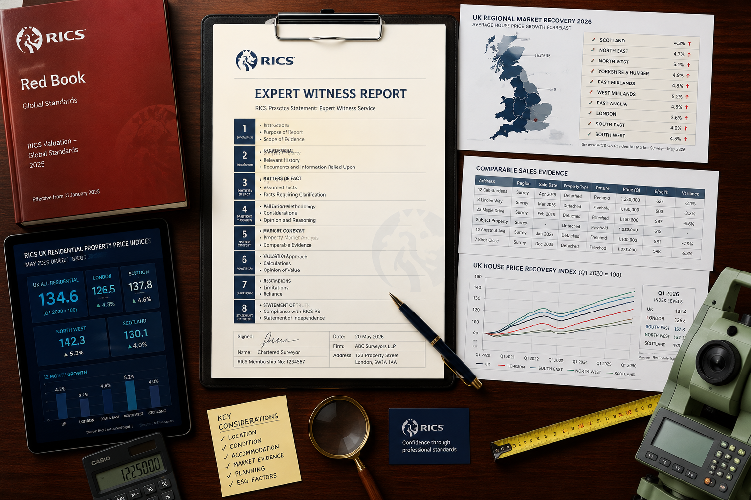 () detailed infographic-style image showing a structured RICS expert witness report template laid flat on a mahogany desk,