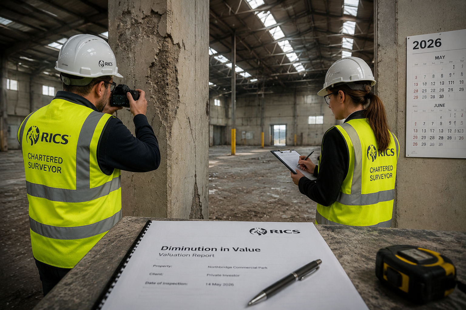() wide-angle scene of two RICS chartered surveyors in high-visibility vests conducting a joint inspection of a large vacant