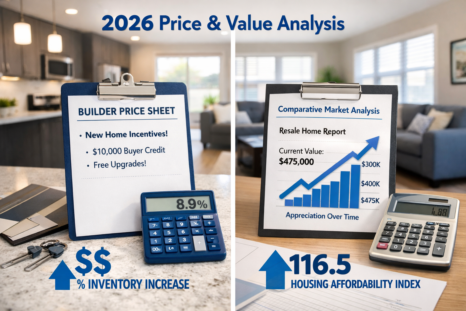 Photorealistic, high-resolution photography, Landscape format (1536x1024) editorial image showing side-by-side comparison of price tags and