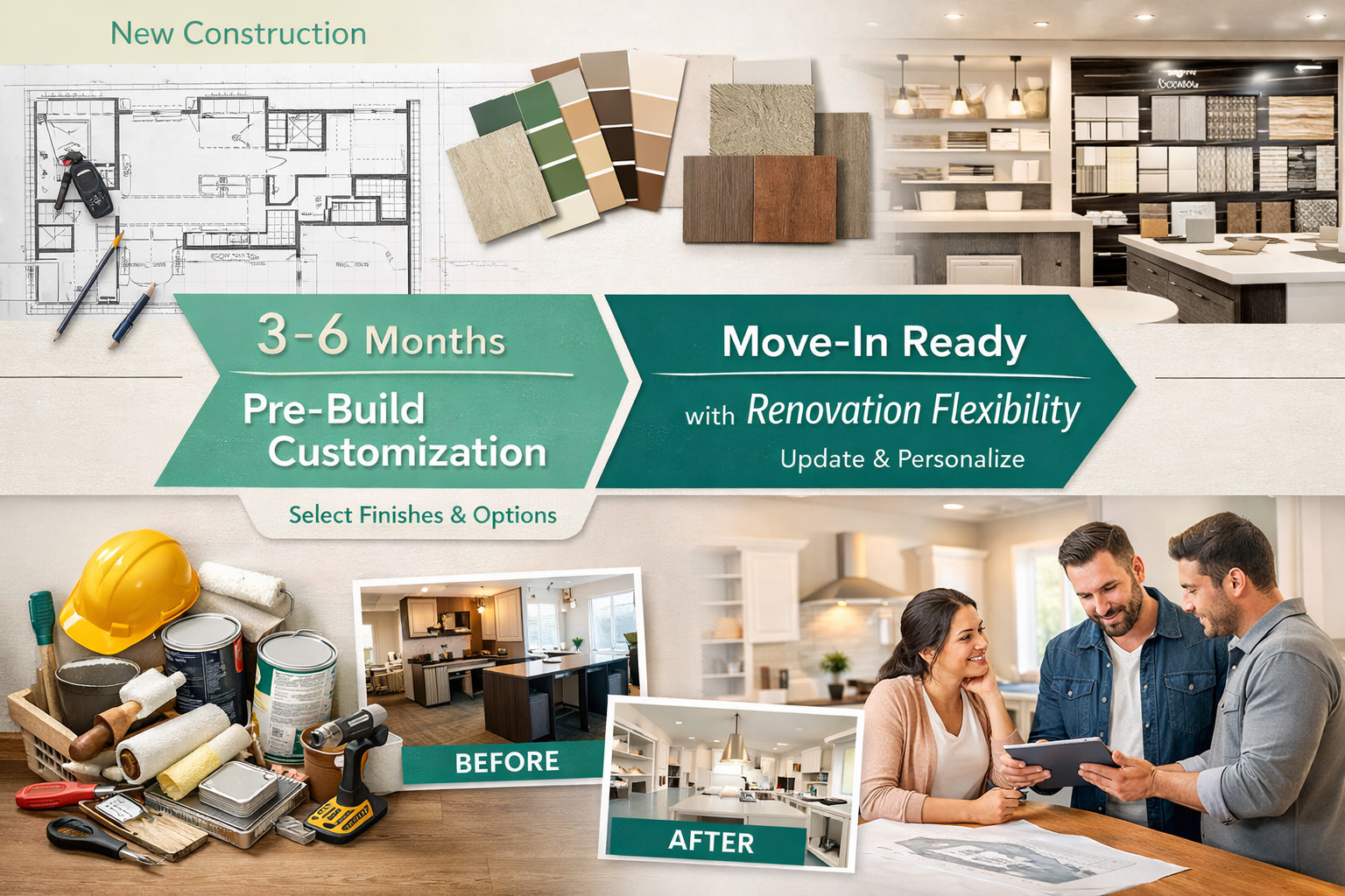 Photorealistic, high-resolution photography, Landscape format (1536x1024) detailed infographic showing customization timeline comparison. To