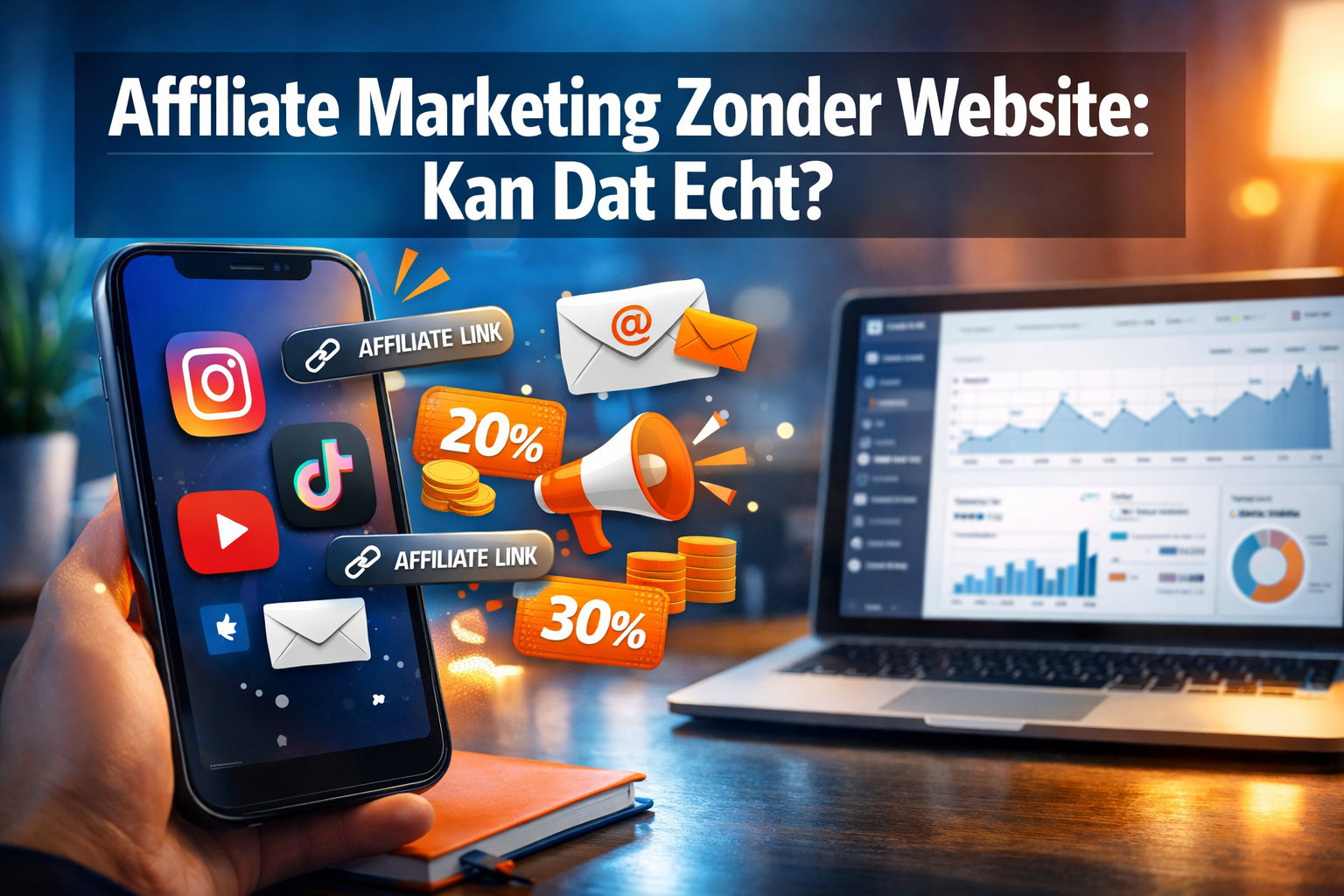 Professional landscape format (1536x1024) hero image featuring bold text overlay 'Affiliate Marketing Zonder Website: Kan Dat Echt?' in extr