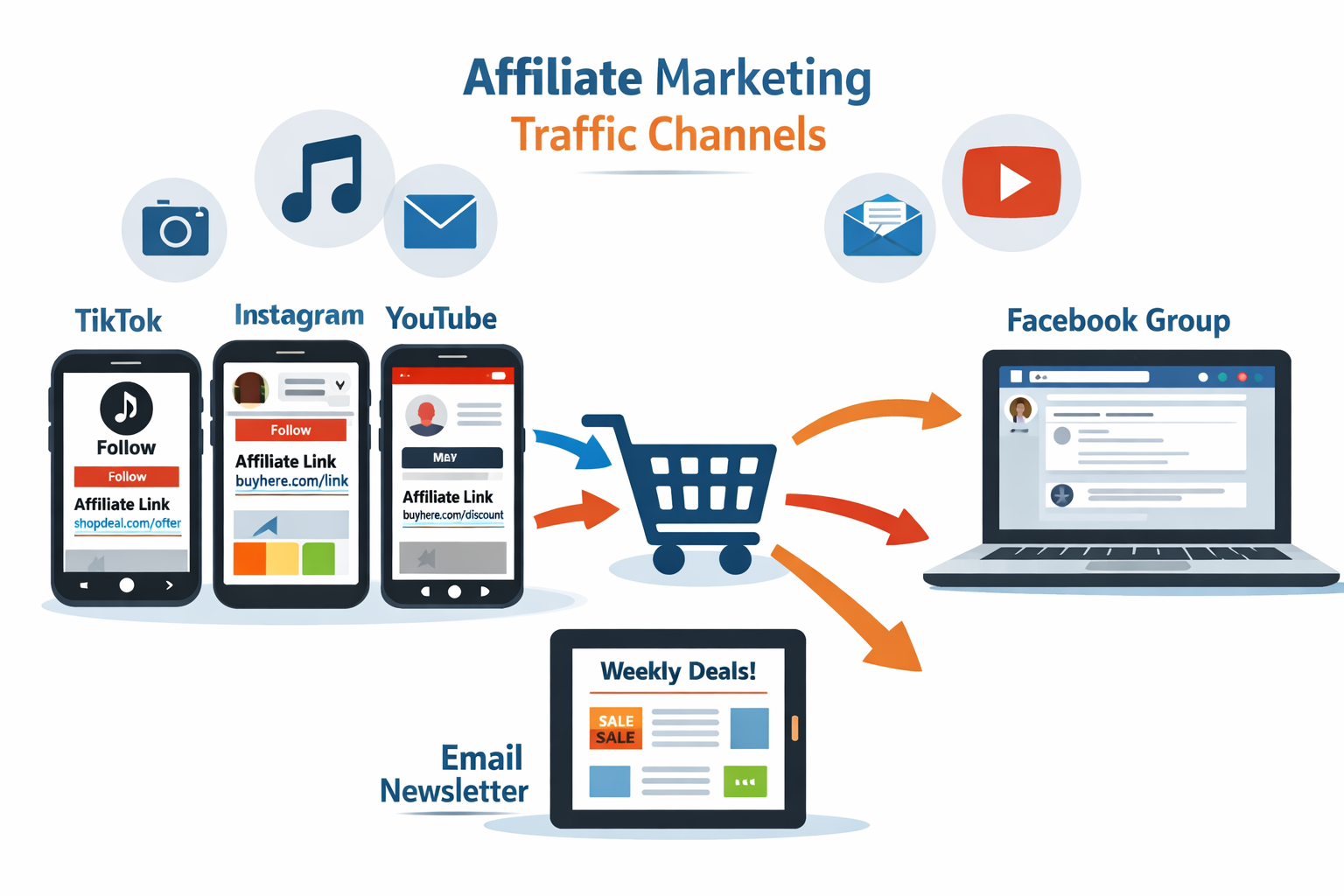 Landscape format (1536x1024) editorial image showing multiple traffic channels for affiliate marketing: smartphone screens displaying TikTok