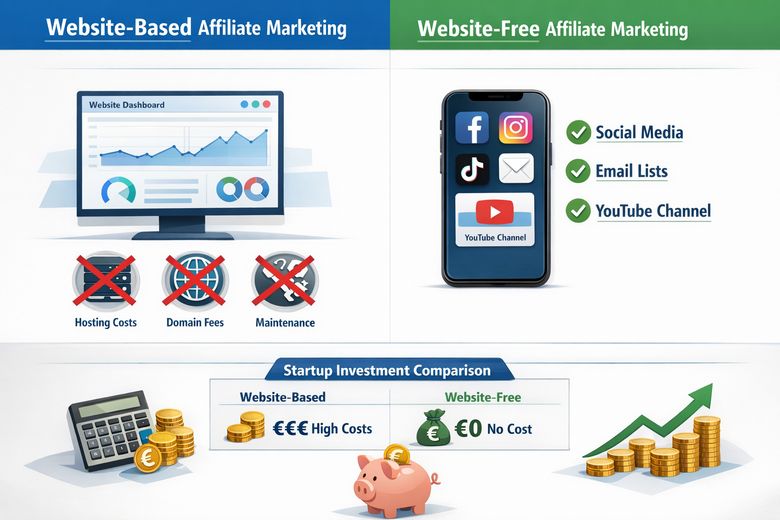 Landscape format (1536x1024) professional infographic comparing traditional website-based affiliate marketing versus website-free methods. S