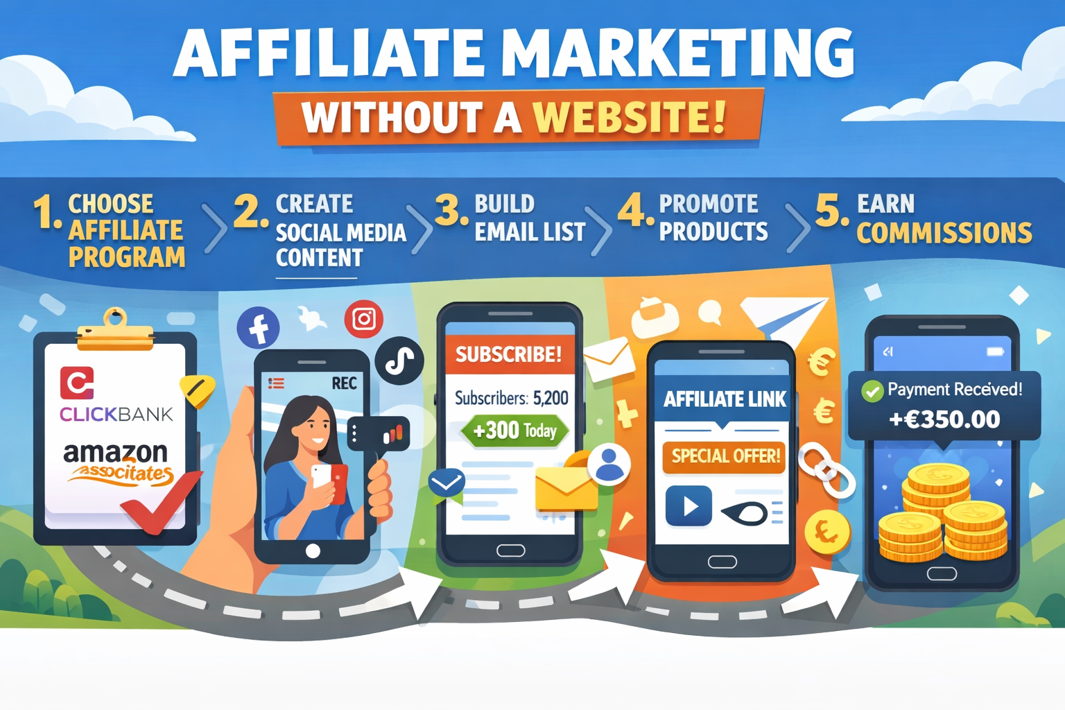 Landscape format (1536x1024) detailed step-by-step visual guide showing affiliate marketing journey without website. Numbered pathway from 1