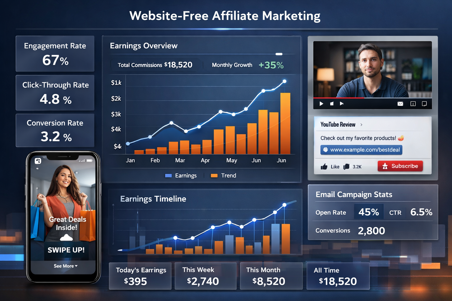 Landscape format (1536x1024) realistic success metrics dashboard for website-free affiliate marketing. Analytics screen showing engagement r