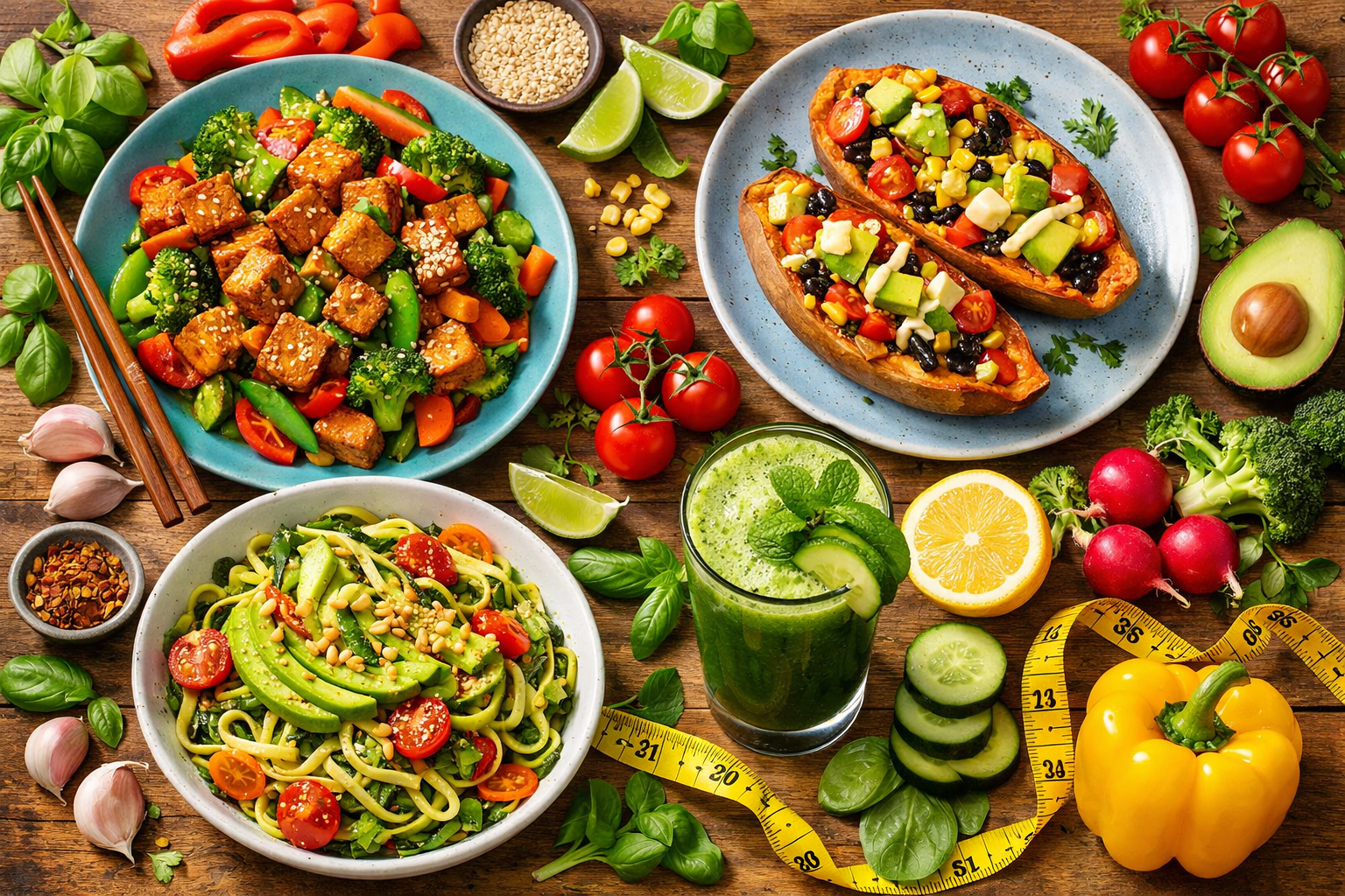 Vibrant flat-lay of colorful vegan dishes including tempeh stir fry, stuffed sweet potato, zucchini noodles, and a green