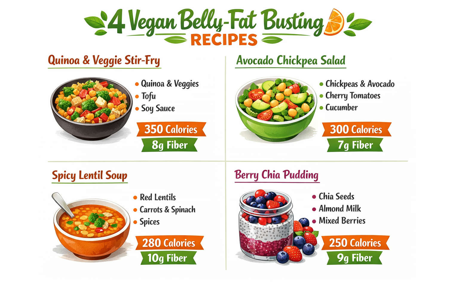 Bright infographic showing 4 vegan belly-fat-busting recipes with icons, key ingredients listed beside each dish, calorie