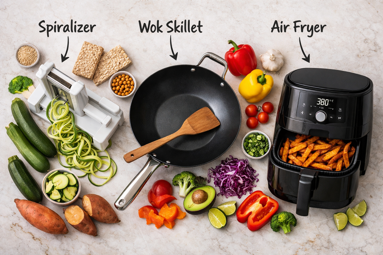 Flat-lay of kitchen tools including a spiralizer, wok skillet, and air fryer with labeled arrows, surrounded by fresh