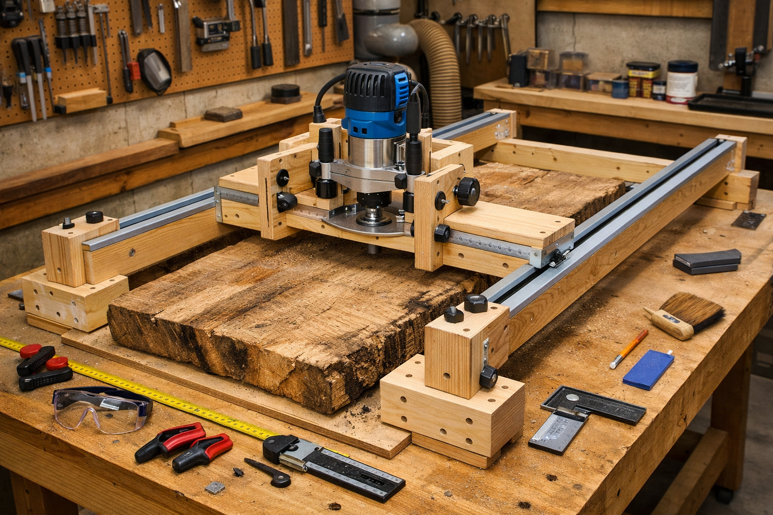 A detailed, wide-angle shot of a meticulously constructed DIY router sled setup in a well-organized woodworking shop. The