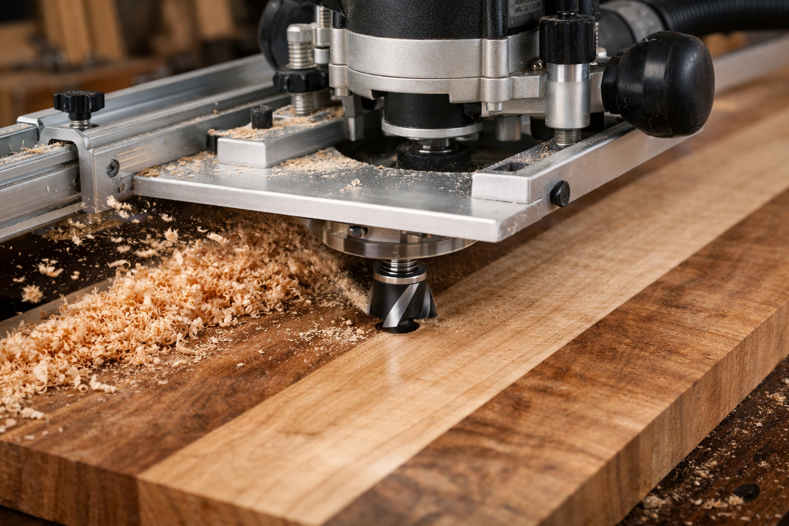 A close-up, dynamic shot of a router sled in action, efficiently flattening a warped or cupped wooden panel. The router bit