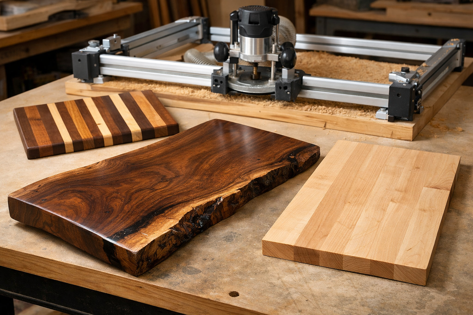An inspiring shot of various finished woodworking projects, such as a perfectly flattened live-edge coffee table, a panel