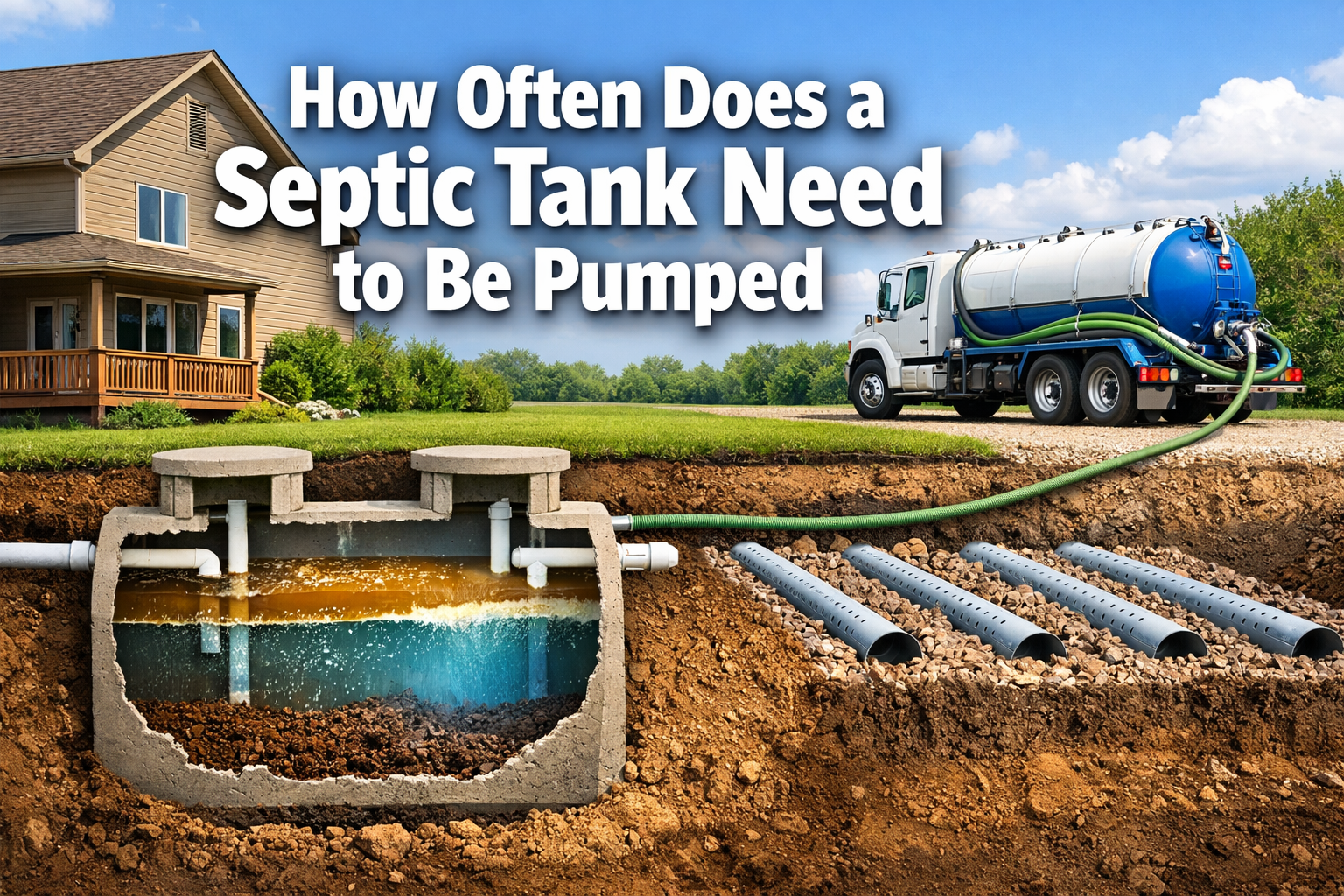 Professional landscape format (1536x1024) hero image with bold text overlay: 'How Often Does a Septic Tank Need to Be Pumped' in extra large