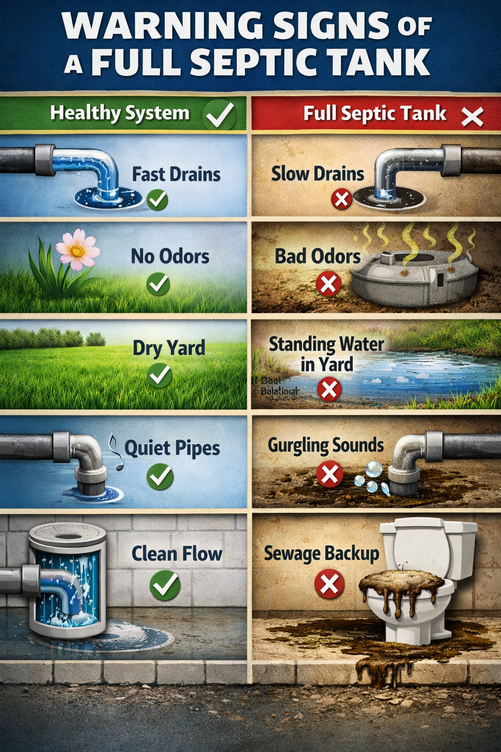 Portrait format (1024x1536) visual guide showing warning signs of full septic tank including slow drains icon, bad odors illustration, stand
