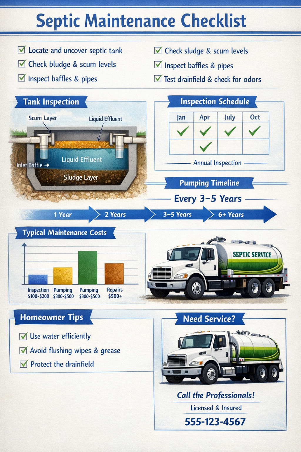Portrait format (1024x1536) step-by-step septic maintenance checklist with numbered items, inspection schedule calendar, pumping service tru