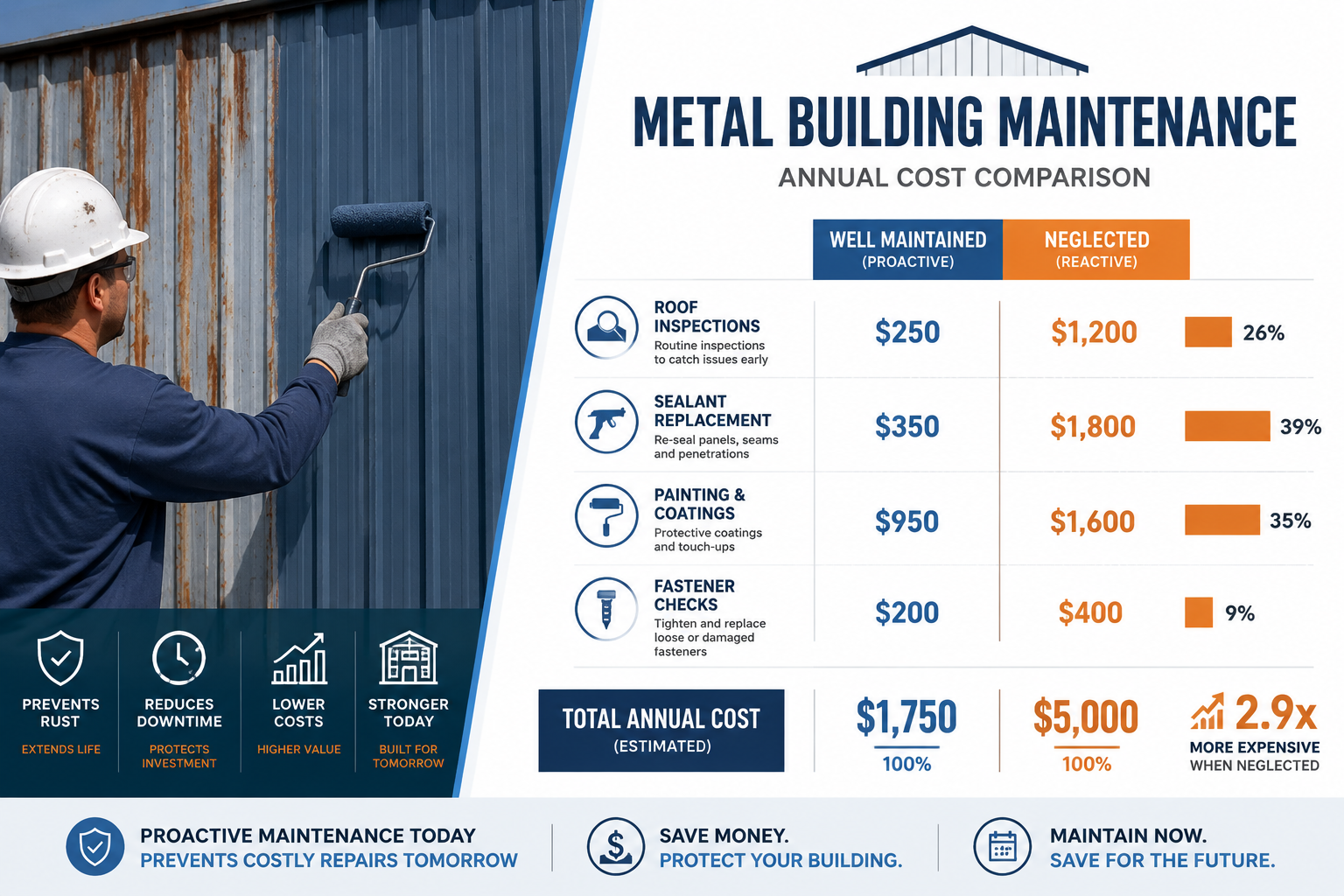 Detailed () editorial infographic illustration showing a side-by-side cost comparison breakdown for metal building