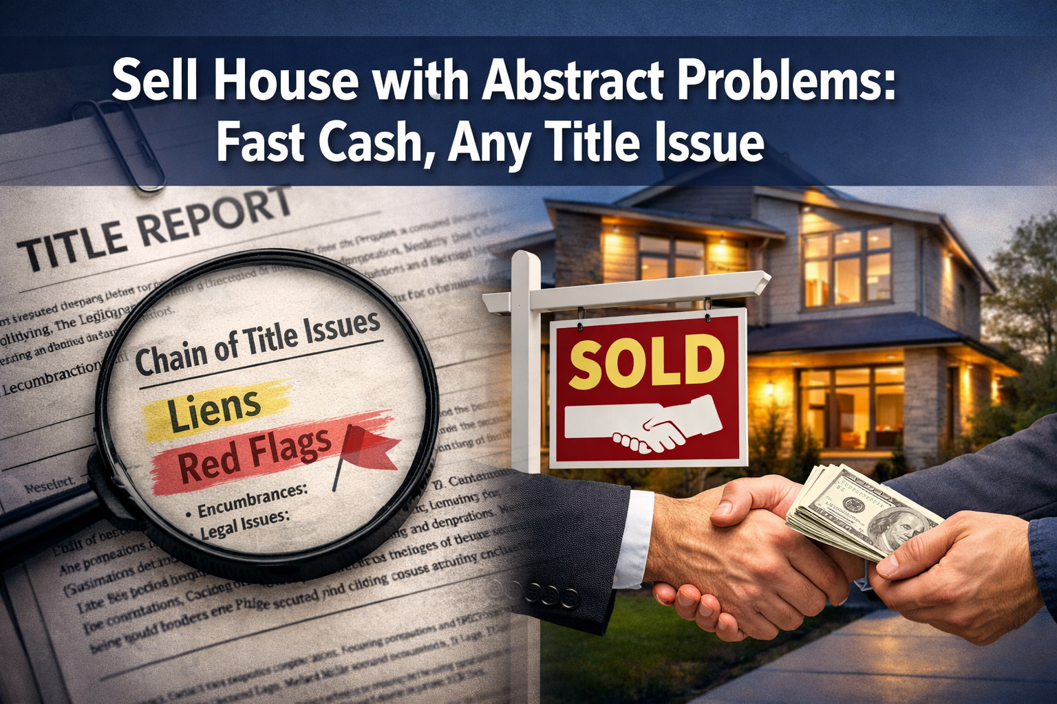 Professional landscape format (1536x1024) hero image featuring bold text overlay 'Sell House with Abstract Problems: Fast Cash, Any Title Is