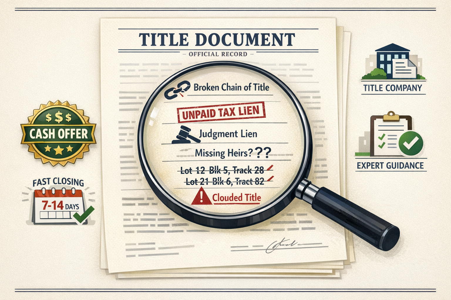 Landscape format (1536x1024) detailed illustration showing abstract of title document as central focus with magnifying glass highlighting co