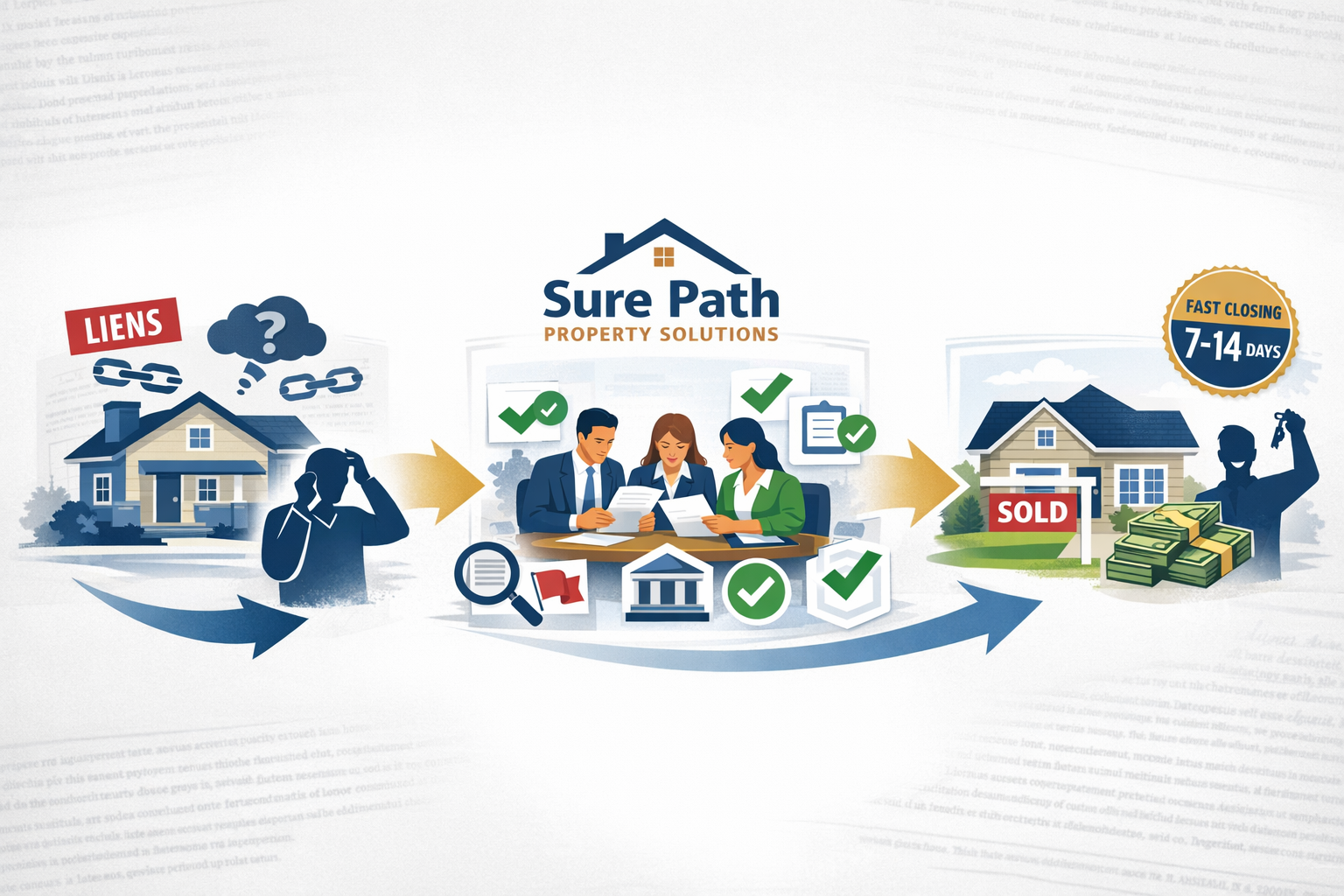 Landscape format (1536x1024) visual representation of fast cash sale process for properties with title issues, showing three-stage timeline