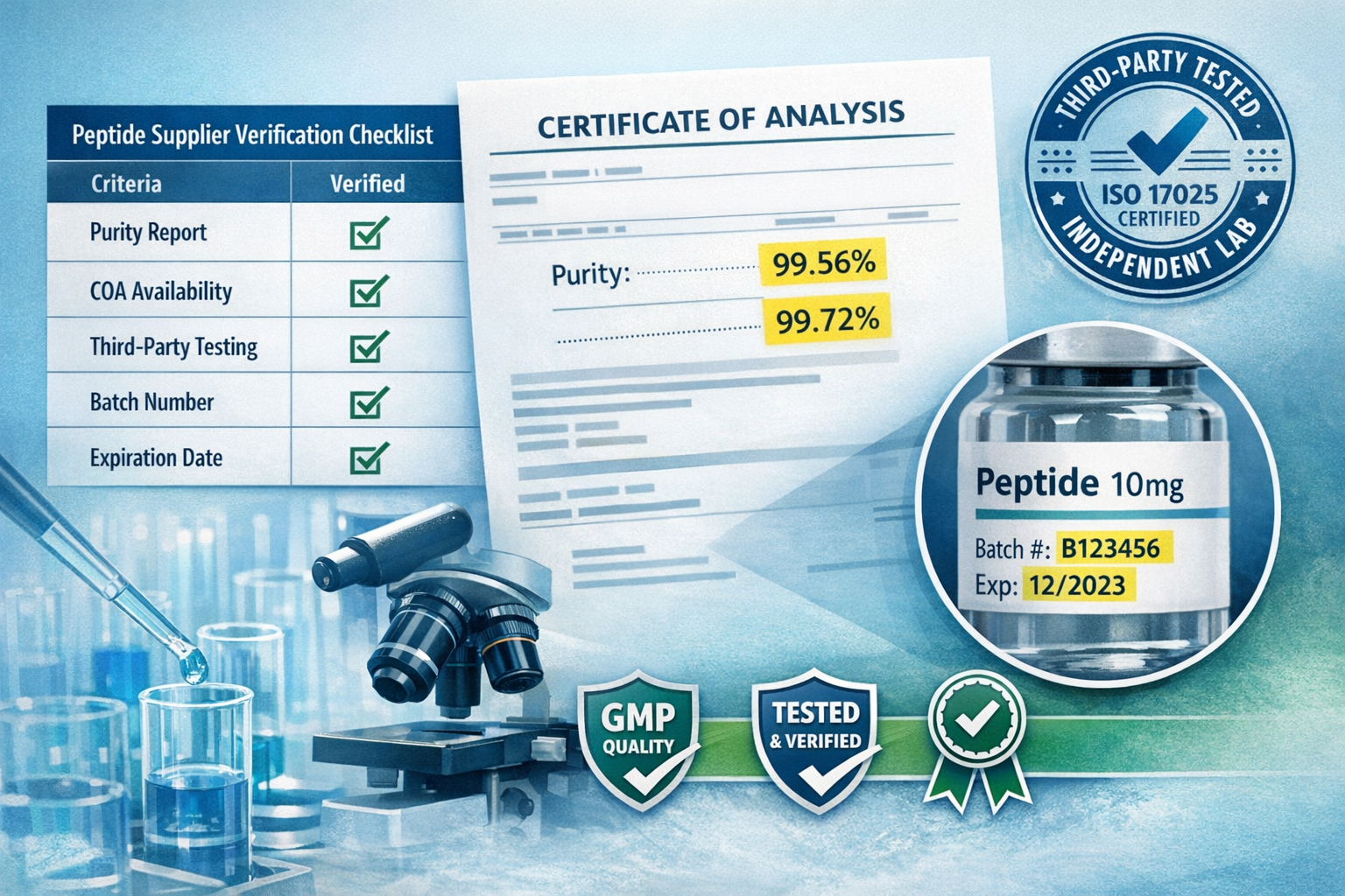 Professional landscape composition (1536x1024) displaying organized comparison table of peptide supplier verification checklist, certificate