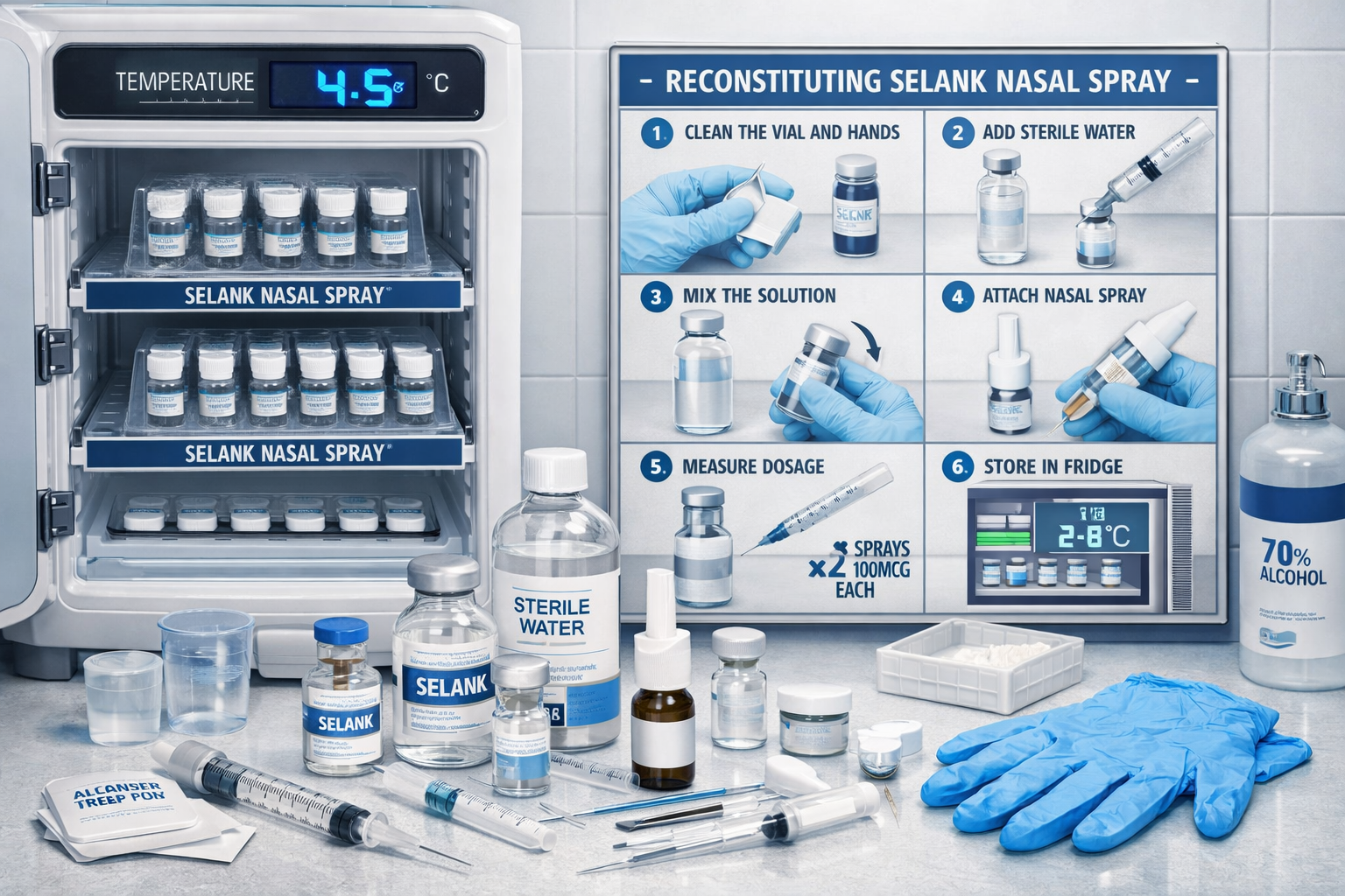 Detailed landscape illustration (1536x1024) showing proper Selank nasal spray storage setup with temperature-controlled refrigerator display