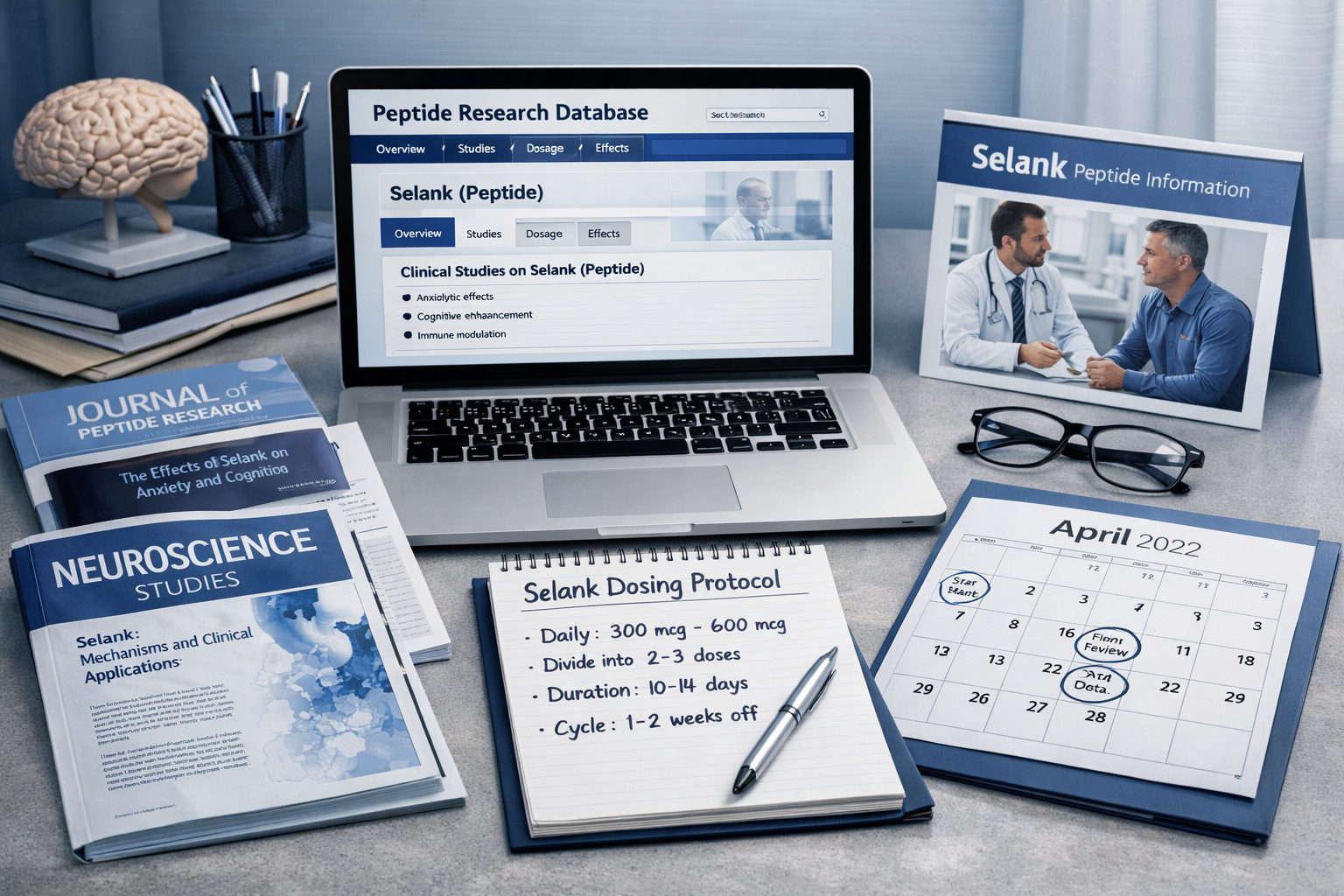 Professional landscape scene (1536x1024) featuring research documentation spread including scientific journals with Selank studies, laptop d